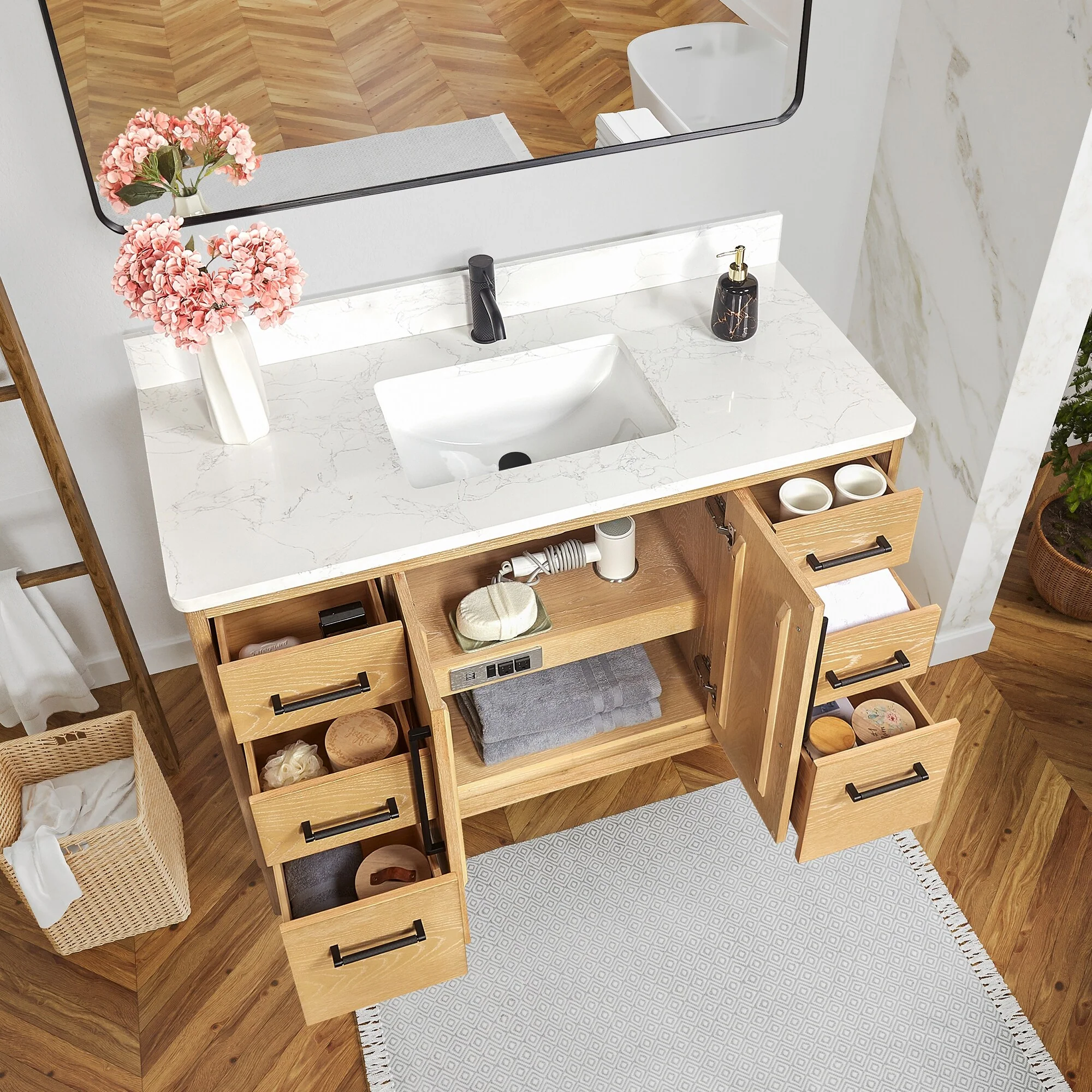 Gara Single Bath Vanity with Composite Stone Top and Mirror