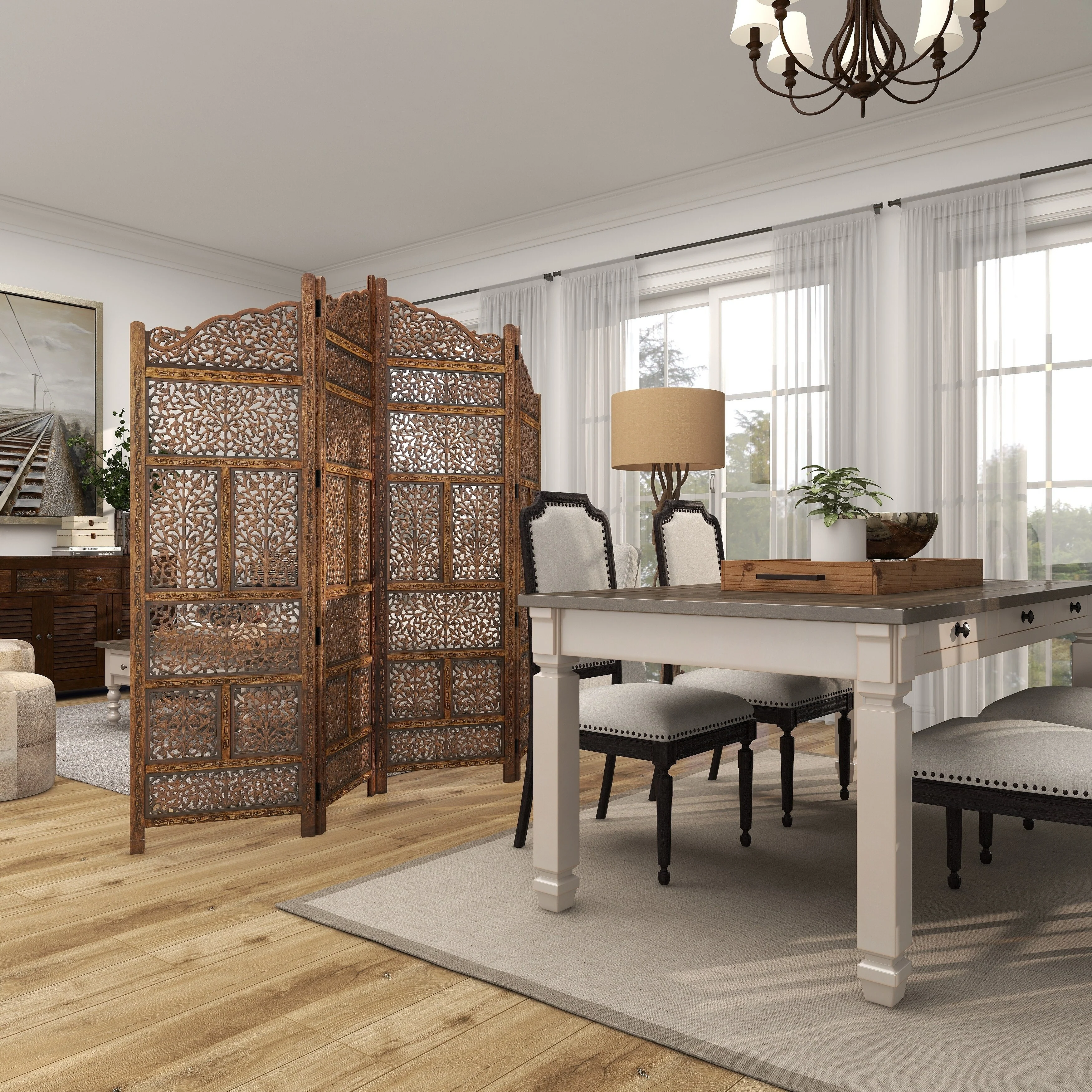 Hand Carved Fold-able 4-Panel Wooden Partition Screen/ Room Divider, Brown