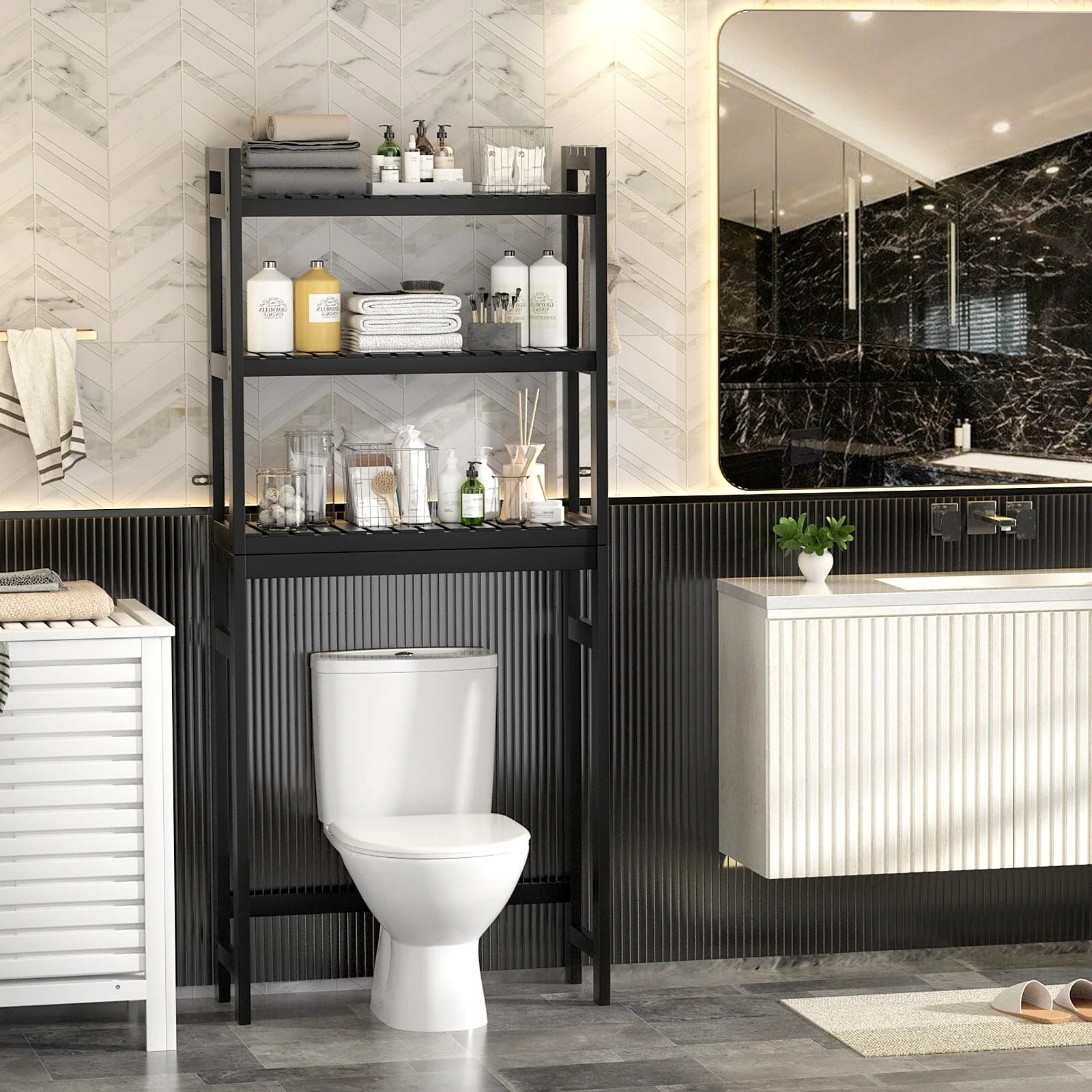 Over The Toilet Storage Shelf, Bamboo 3-Tier Above Toilet Storage Rack with 3 Hooks