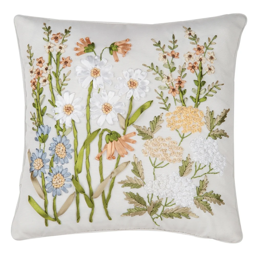 Hand Crafted Ribbon Art Decorative Accent Throw Pillow