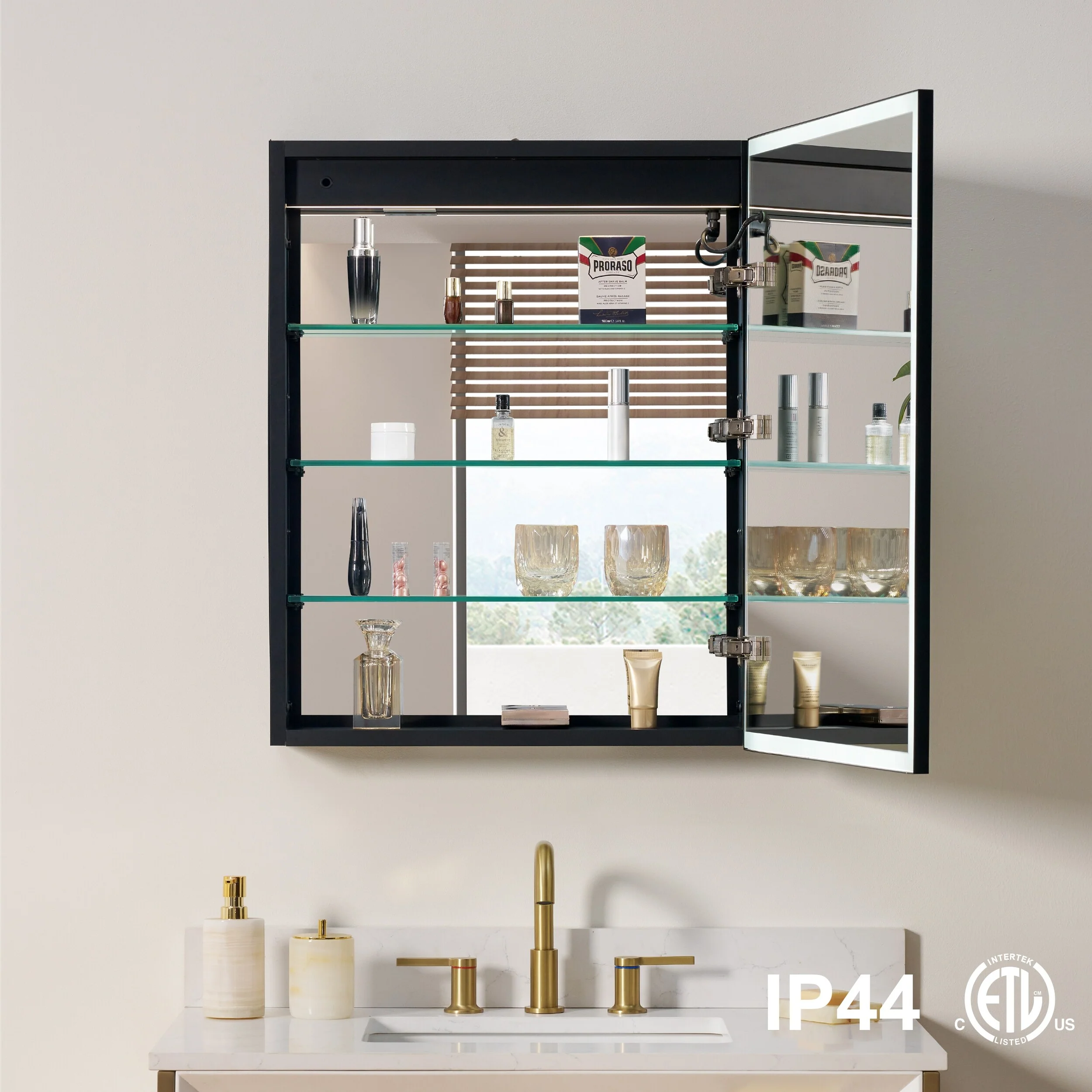 30'' H Recessed Or Surface Wall Mounted LED Mirror Cabinet With Mirror And Adjustable Shelves,Black Frame