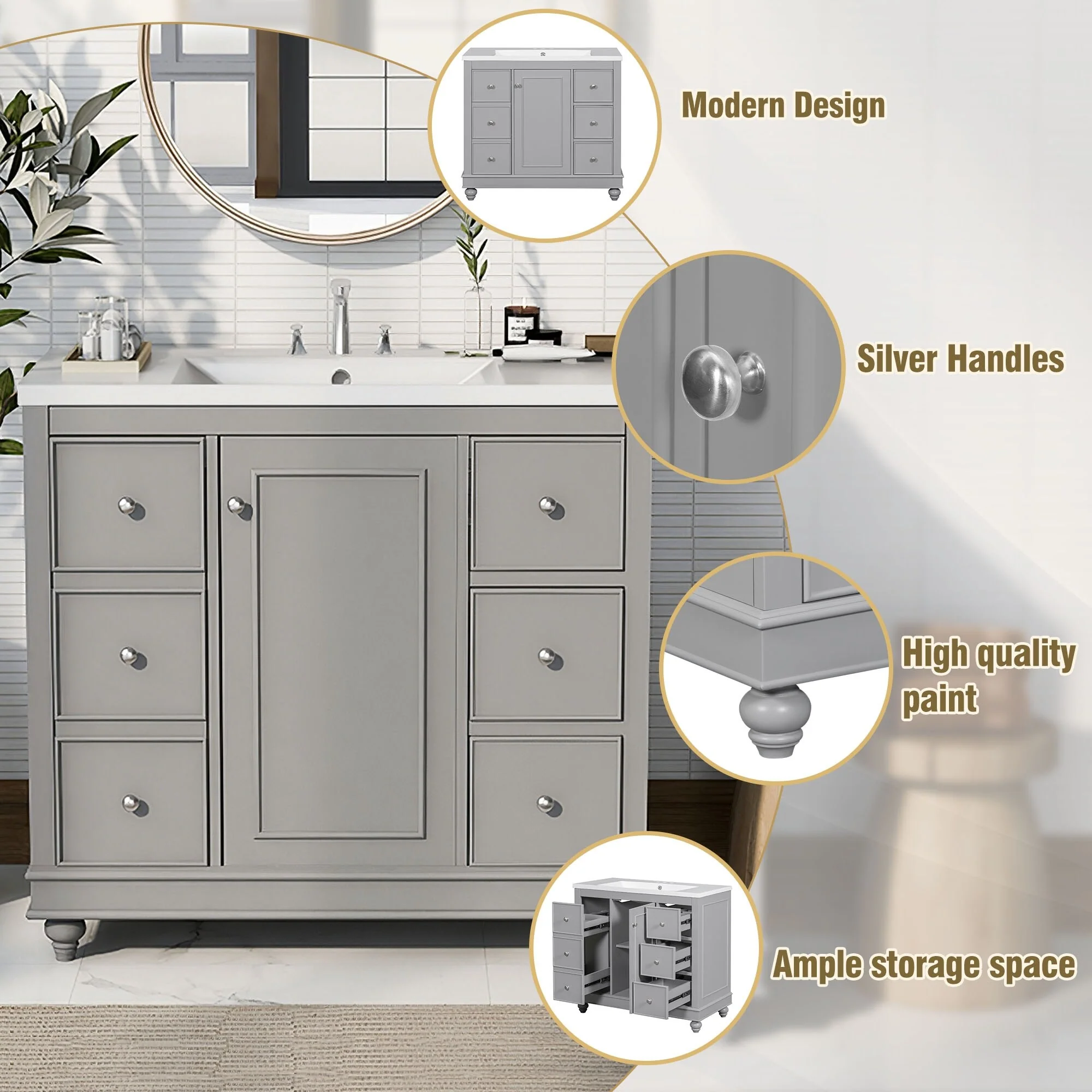 Bathroom Vanity with Sink, Bathroom Vanity Cabinet with 4 Drawers and 1 Door, Storage Cabinet with Adjustable Shelves