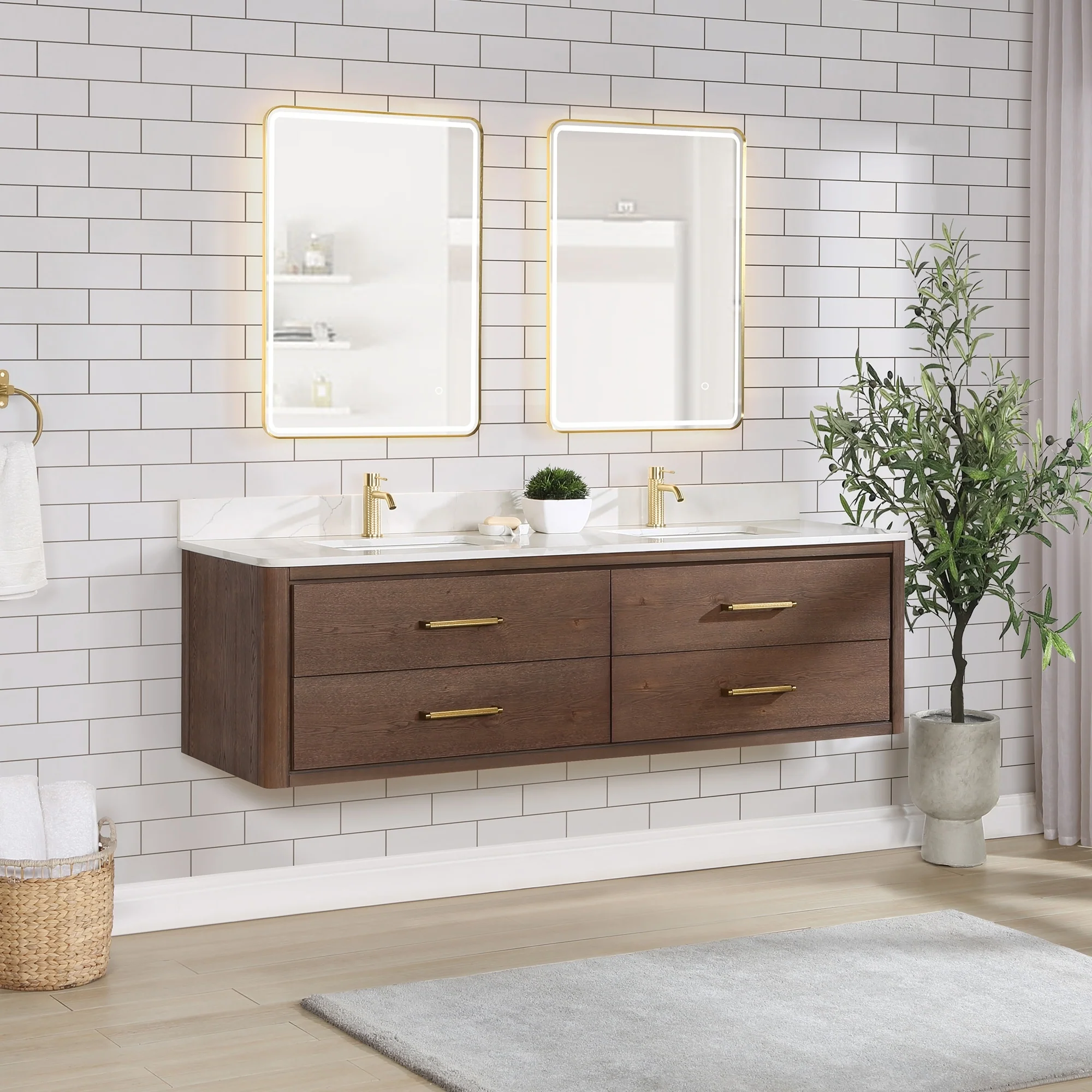 Cristo Floating Bath Vanity with White Quartz Stone Top and Mirror