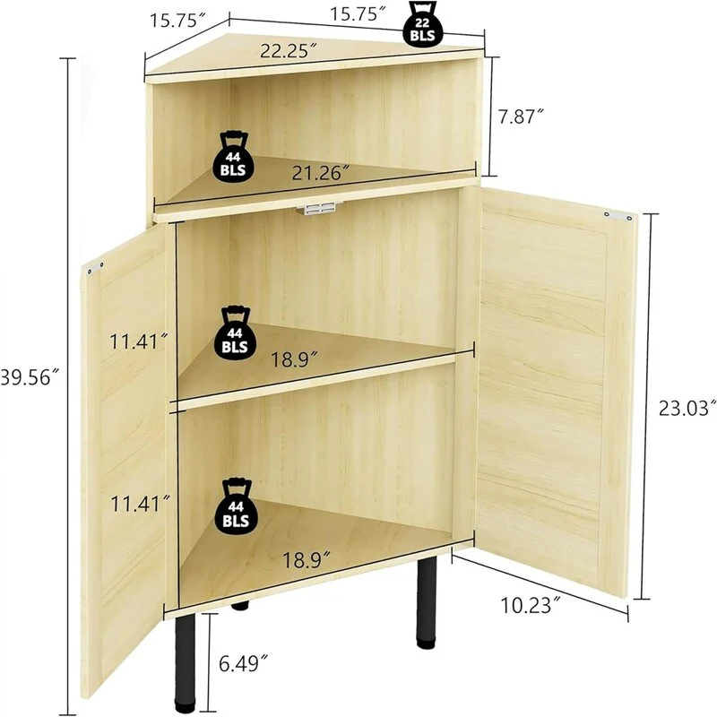 4 Tier Corner Cabinet with Doors Shelves Rattan Freestanding Bar Storage Cabinet - 22.25