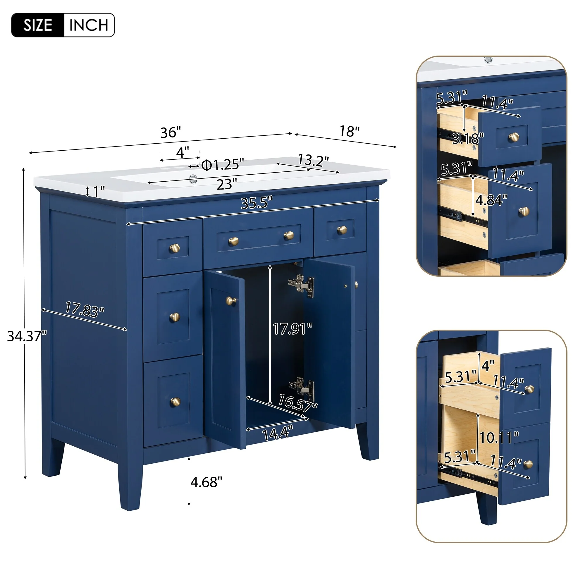 Modern Freestanding Single Bathroom Cabinet with 6 Drawers 2 Cabinets