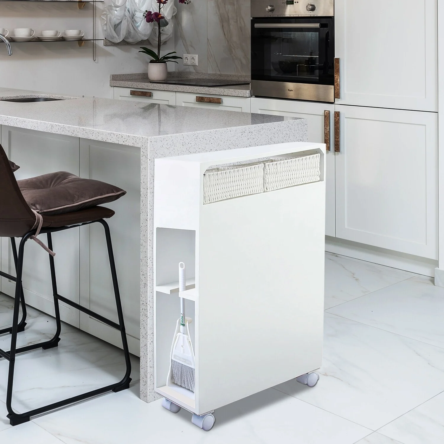 Freestanding Wooden Storage Cabinet with Storage Basket for Narrow Bathroom