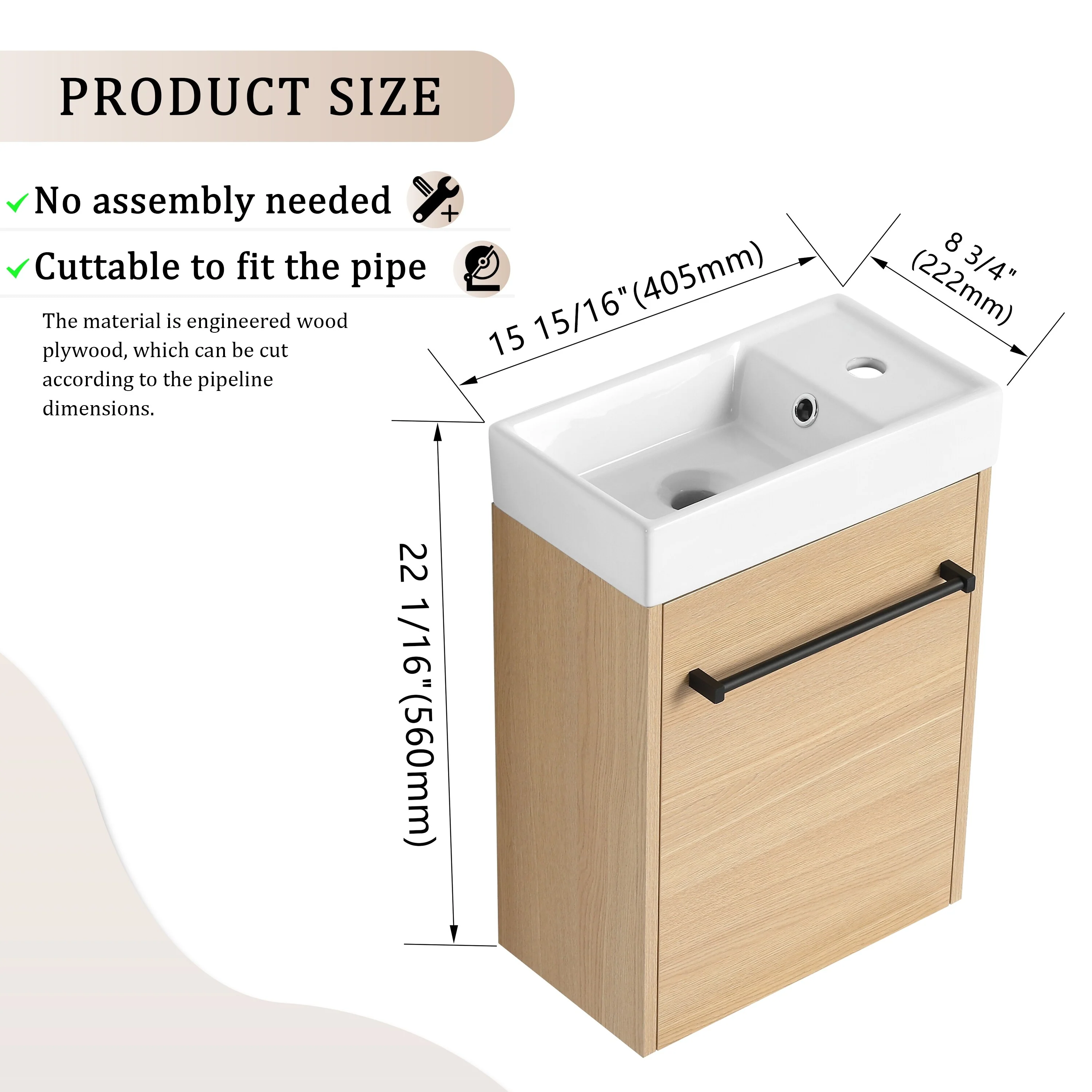 Bathroom Vanity With Sink In 16/18 Inch, Floating Bathroom Vanity With Soft Close Door