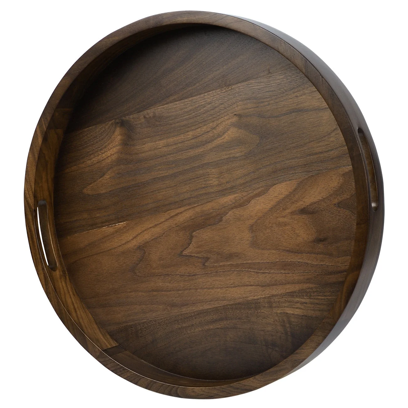 KINWELL Round Black Walnut Wood Serving Tray Ottoman Tray with Handles