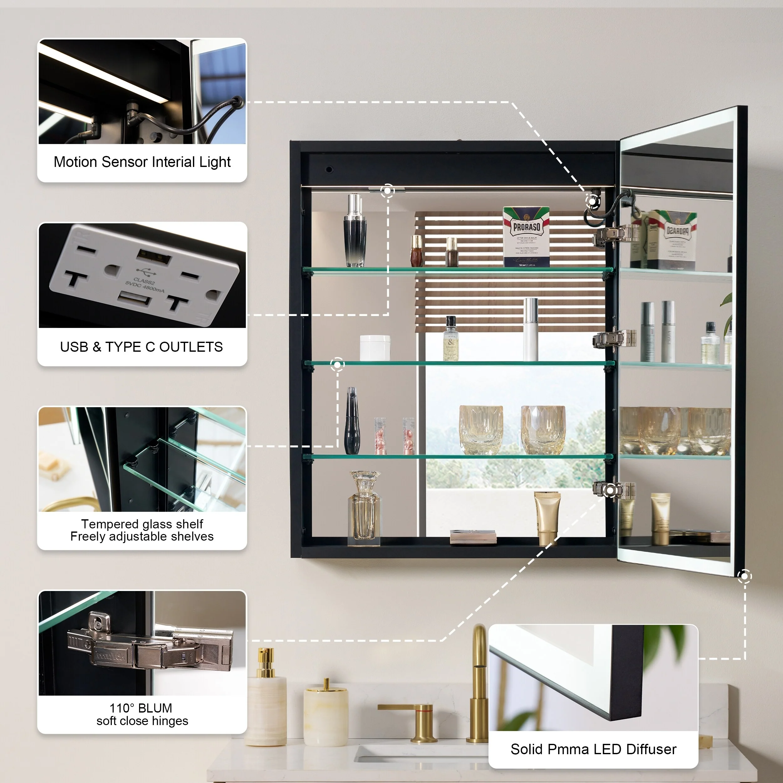 30'' H Recessed Or Surface Wall Mounted LED Mirror Cabinet With Mirror And Adjustable Shelves,Black Frame