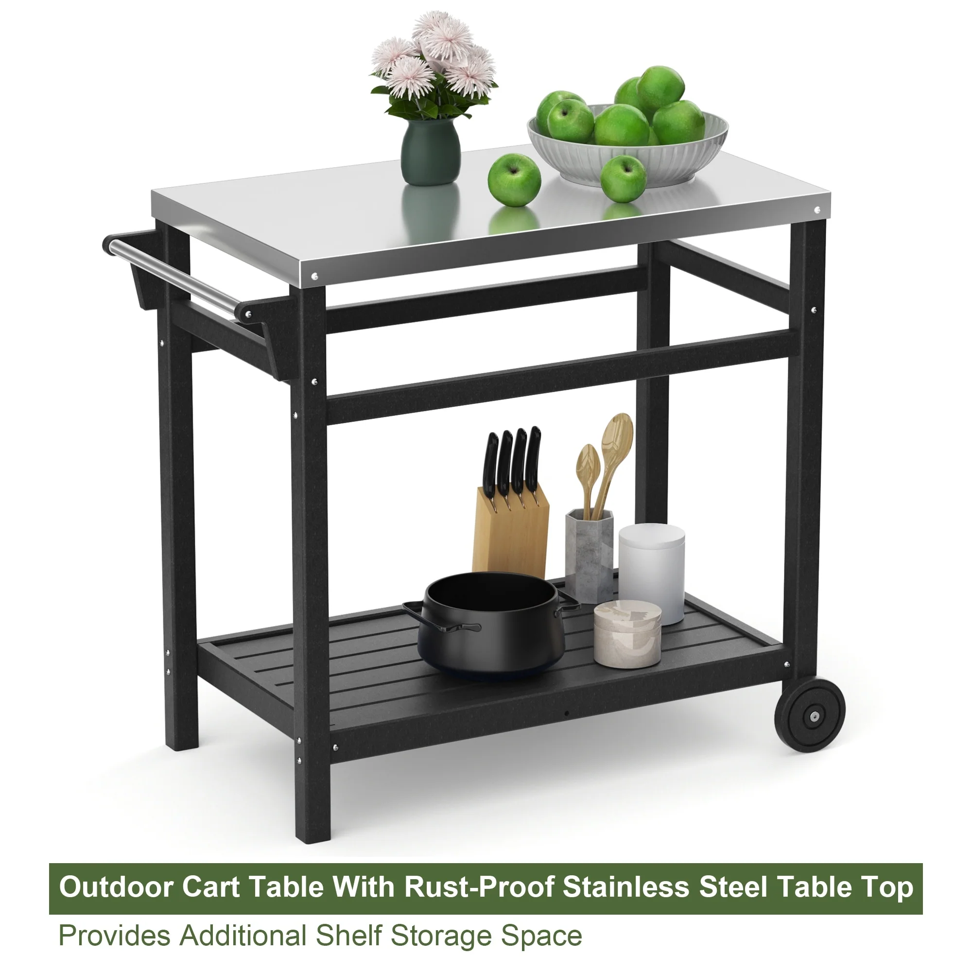 Outdoor Black Steel Movable Dining Cart Table for Patio Grilling