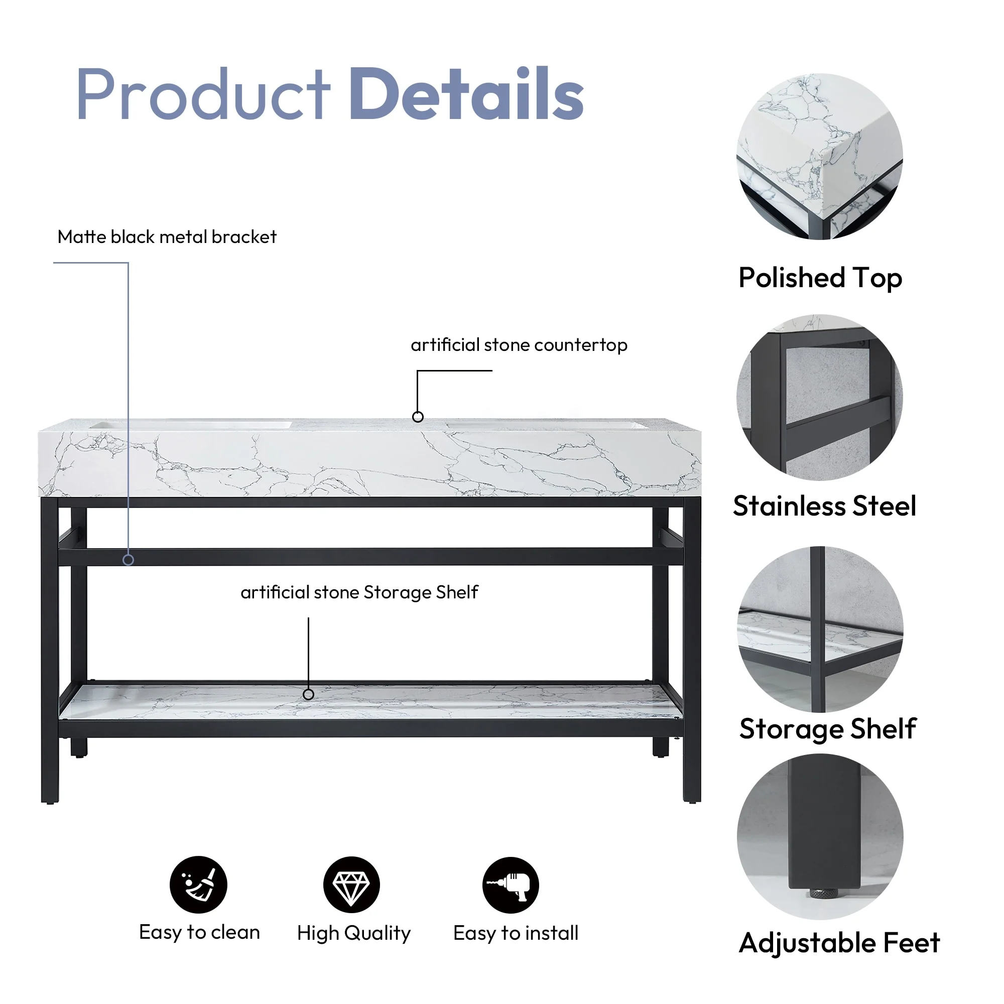 Ecija Bath Vanity, Metal Support with Composite Stone Top, no Mirror