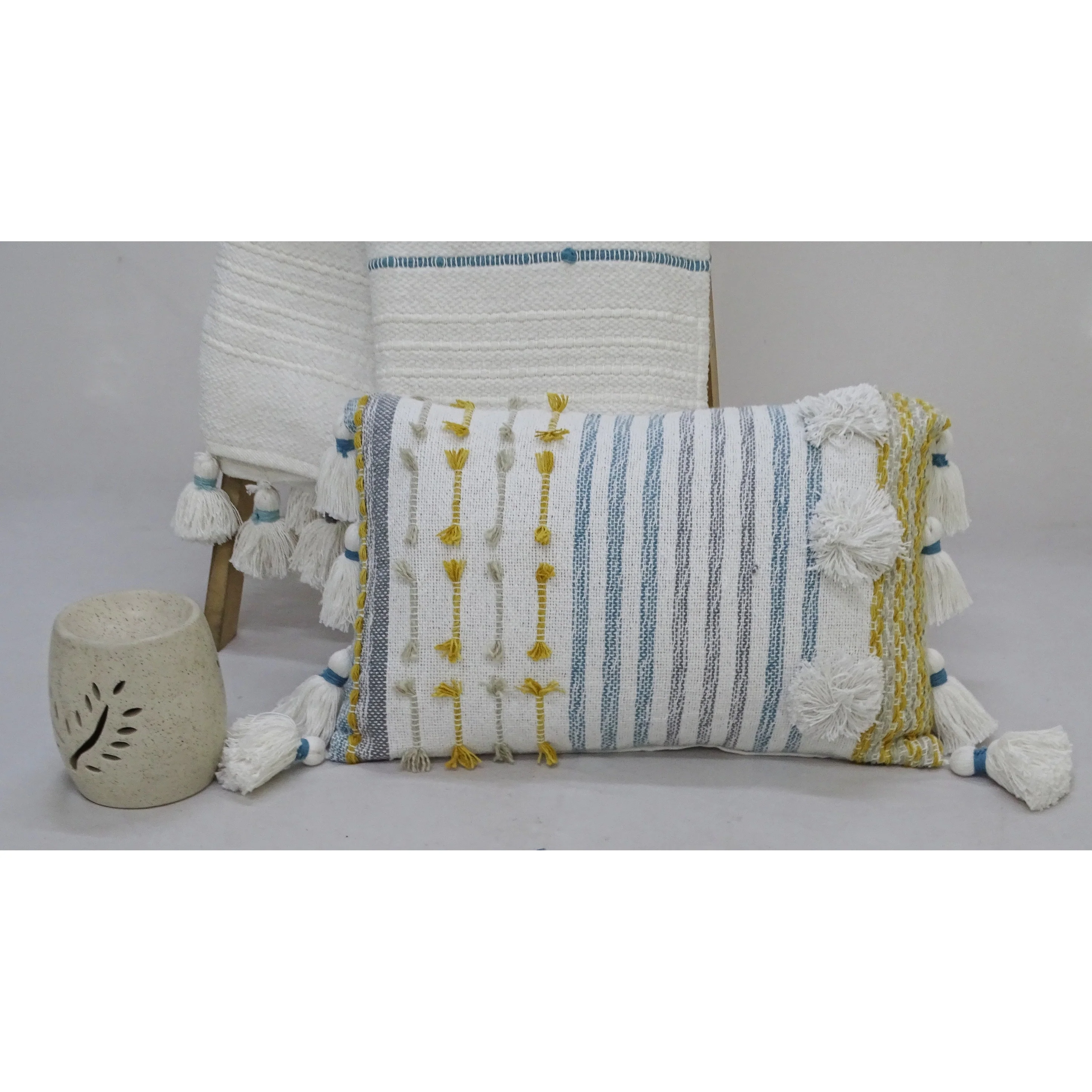 Vibhsa Designer Striped Pillow with Large Poms and Tassels 14