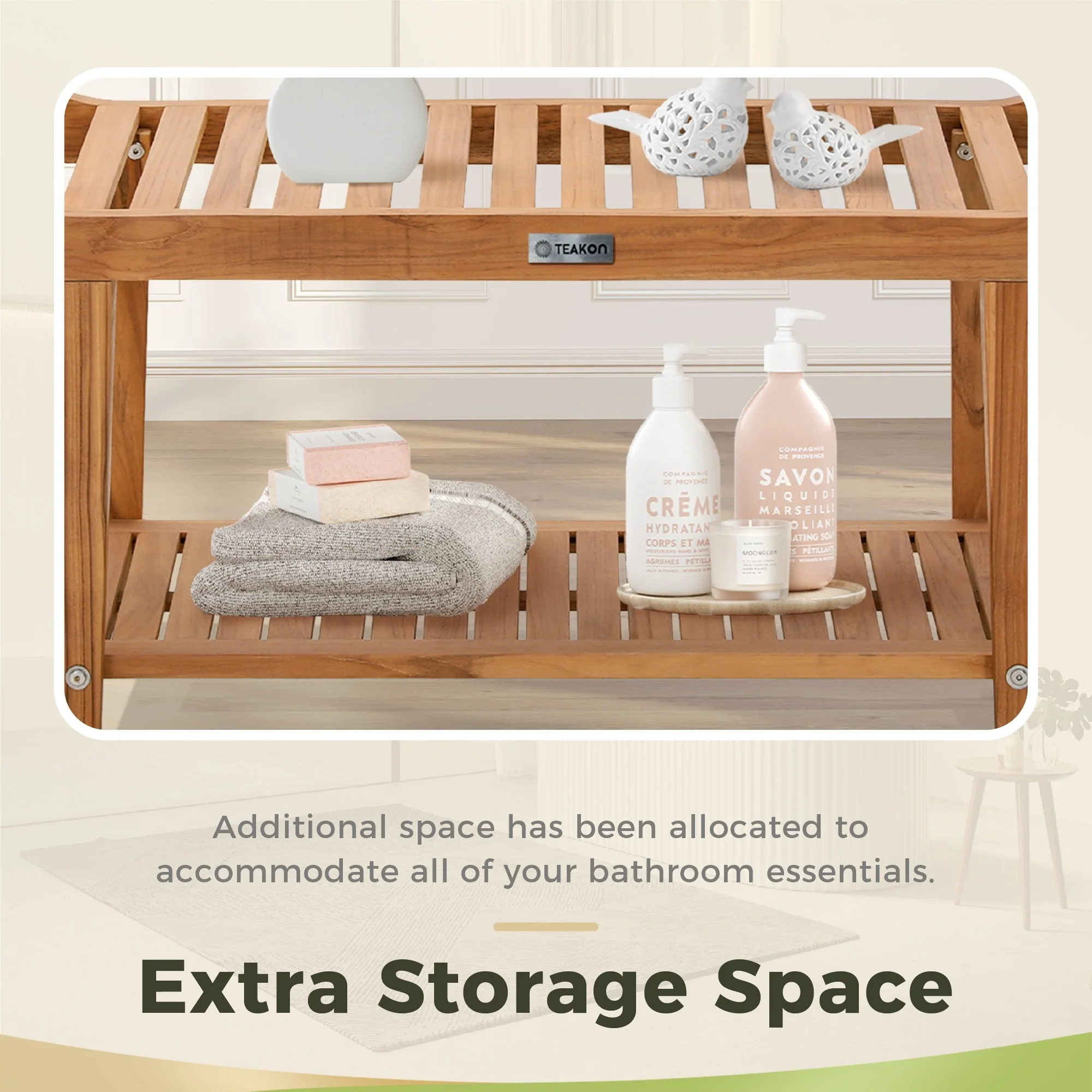 Bathroom Stool with Storage Shelf, Teak Shower Bench Waterproof Wood Bench, Shower Seat
