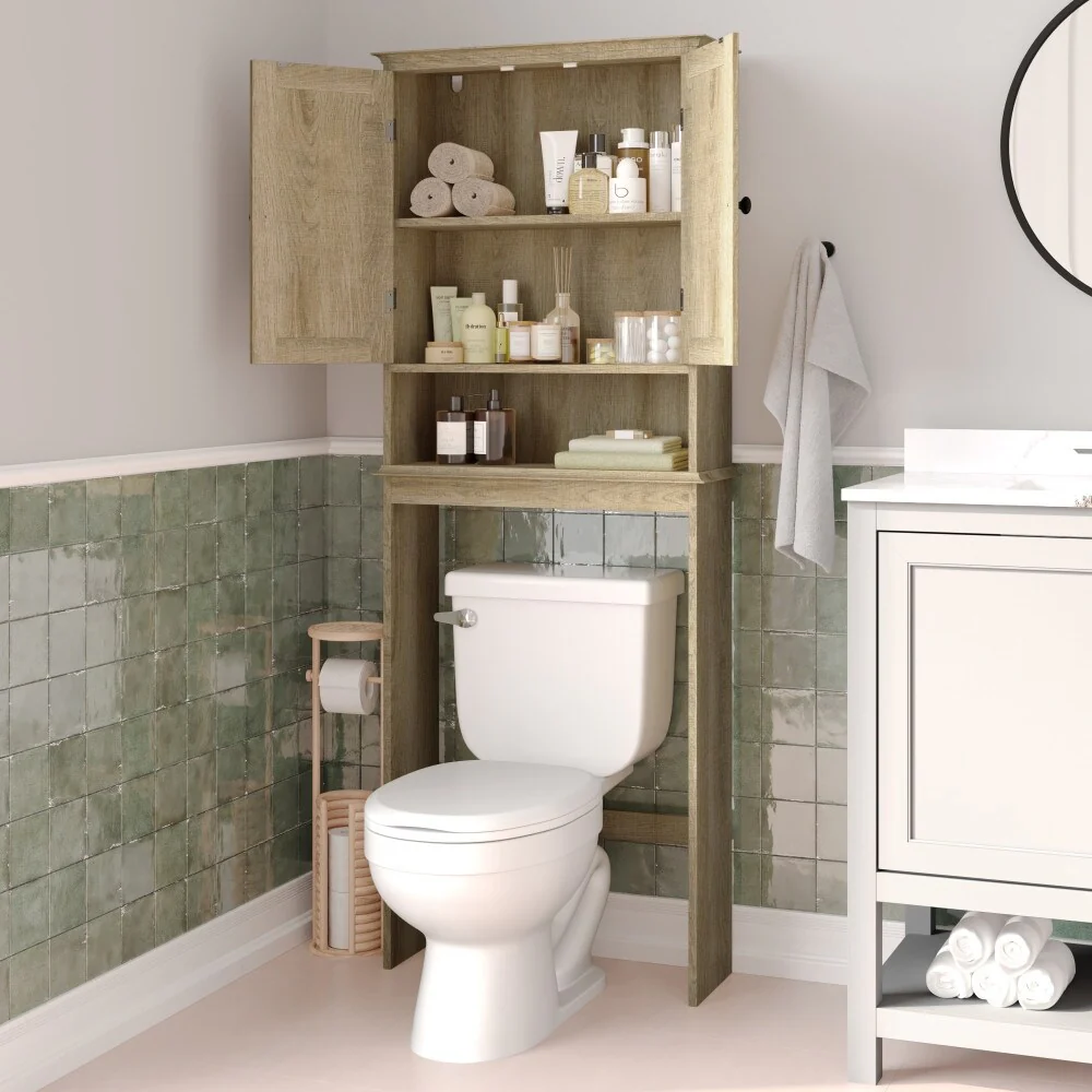 Brown Farmhouse Over the Toilet Cabinet Storage Organizer with 2 Shelves