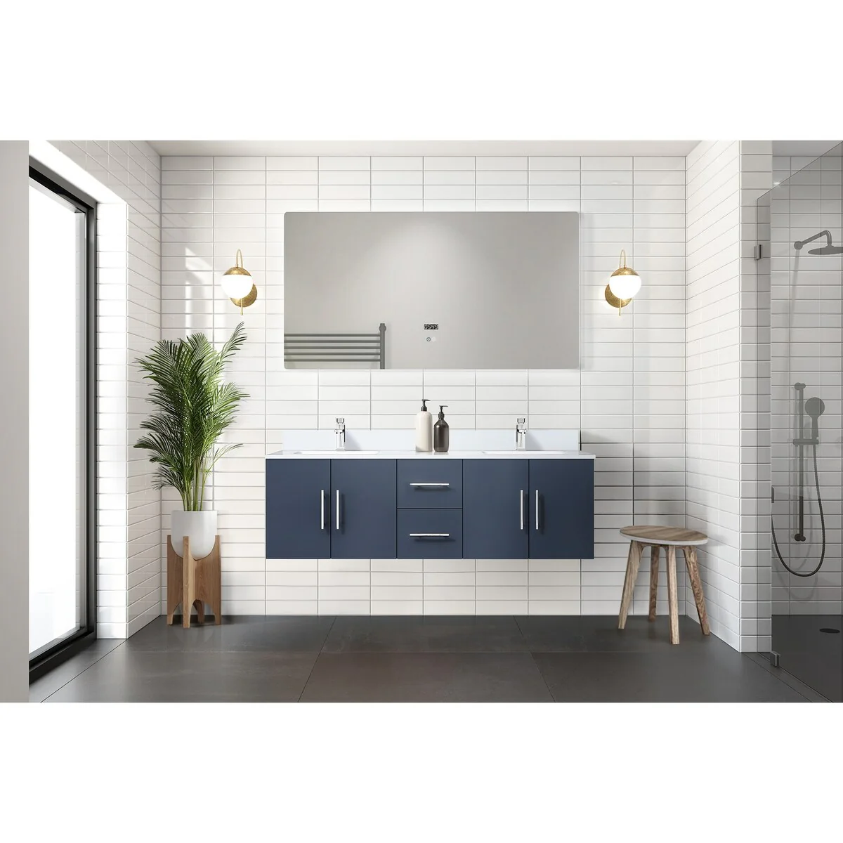 Geneva 60 in. W x 22 in. D Dark Grey Double Bath Vanity, White Quartz Top, Faucet Set, and 60 in. LED Mirror