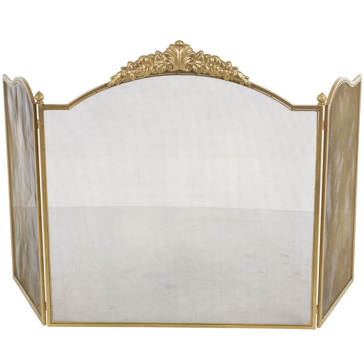 Metal Floral Ornate Antique Arched 3 Panel Fireplace Screen with Finial Accents - Gold - Roche River Decor