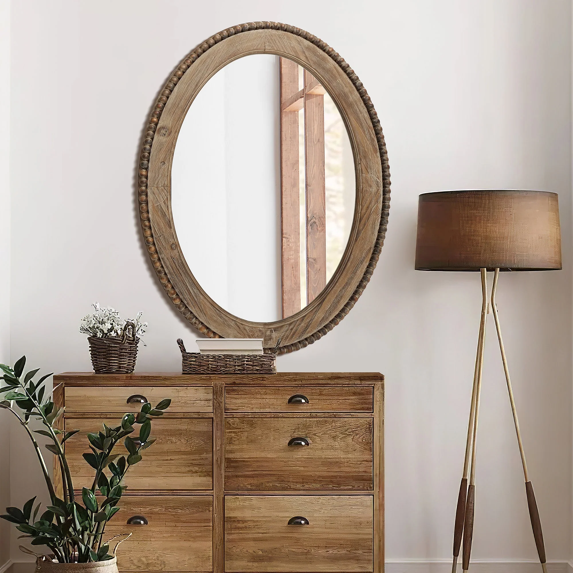 Cameo Wood Framed 32-Inch Oval Wall Mirror, Bathroom Wall Mirror - 31.89