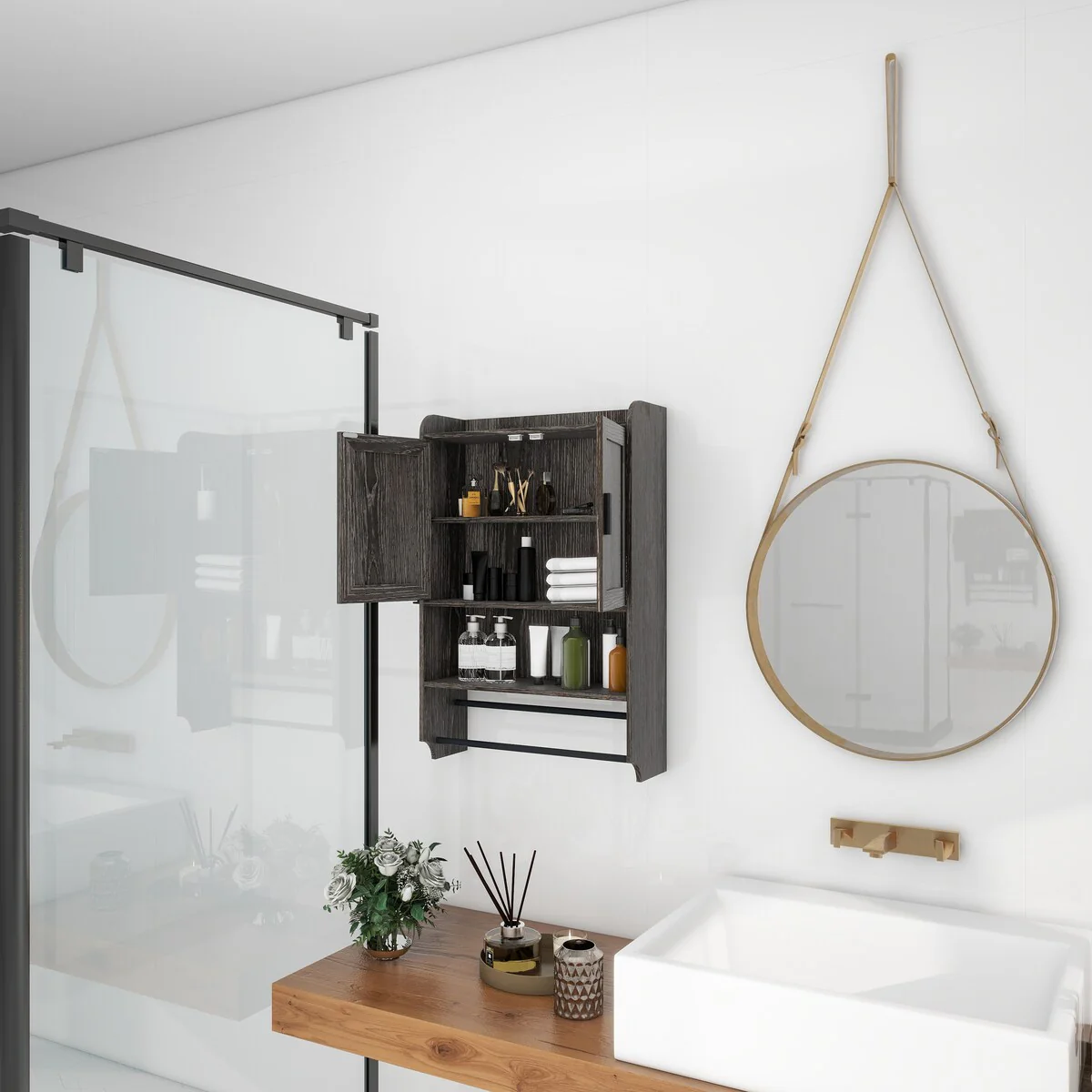 Bathroom Wall Cabinet with Doors,Adjustable Shelf,Towel Bar and Paper Holder,Over The Toilet Storage Cabinet,Medicine Cabinet