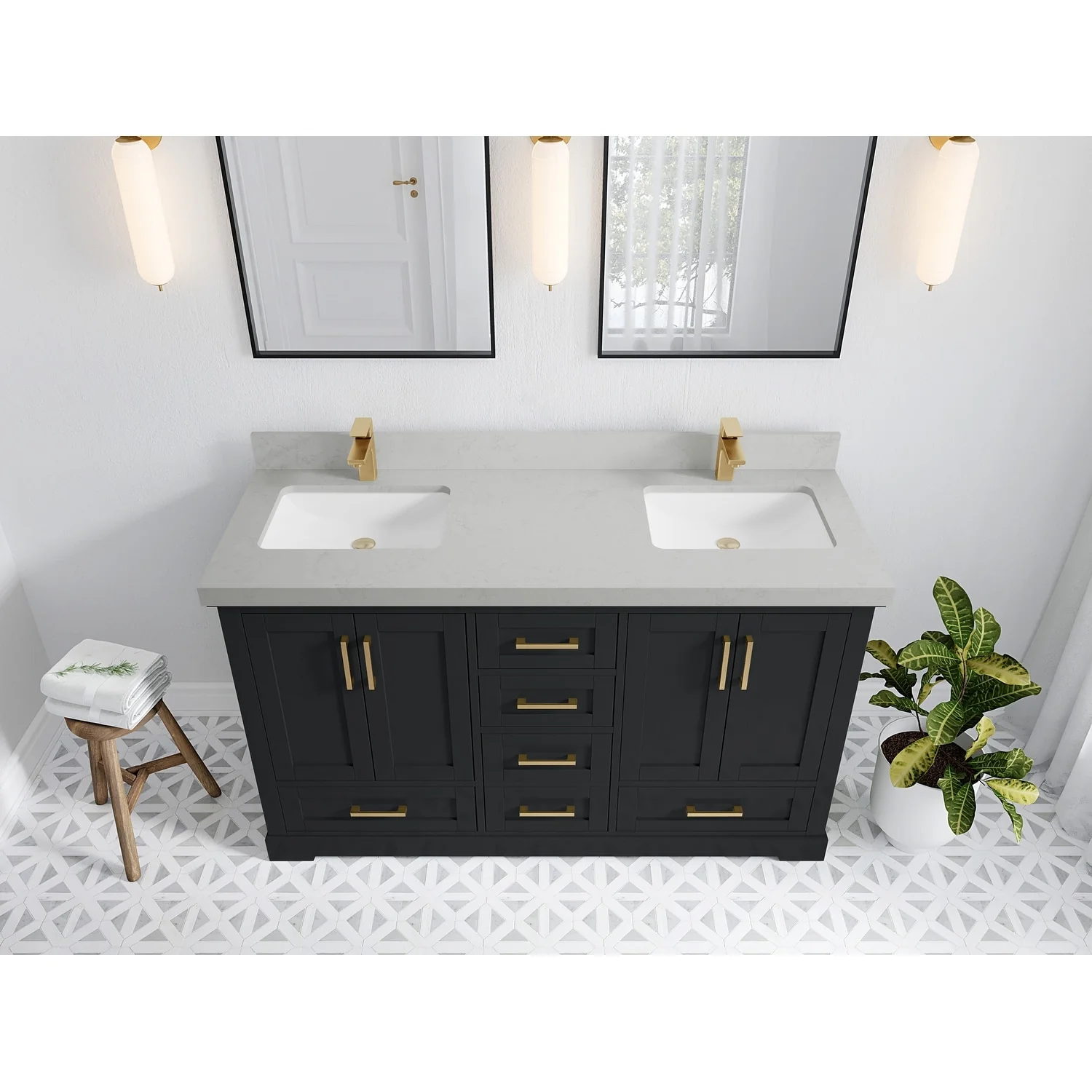 Willow Collection 60 in W x 22 in D x 36 in H Boston Double Bowl Sink Bathroom Vanity with Countertop