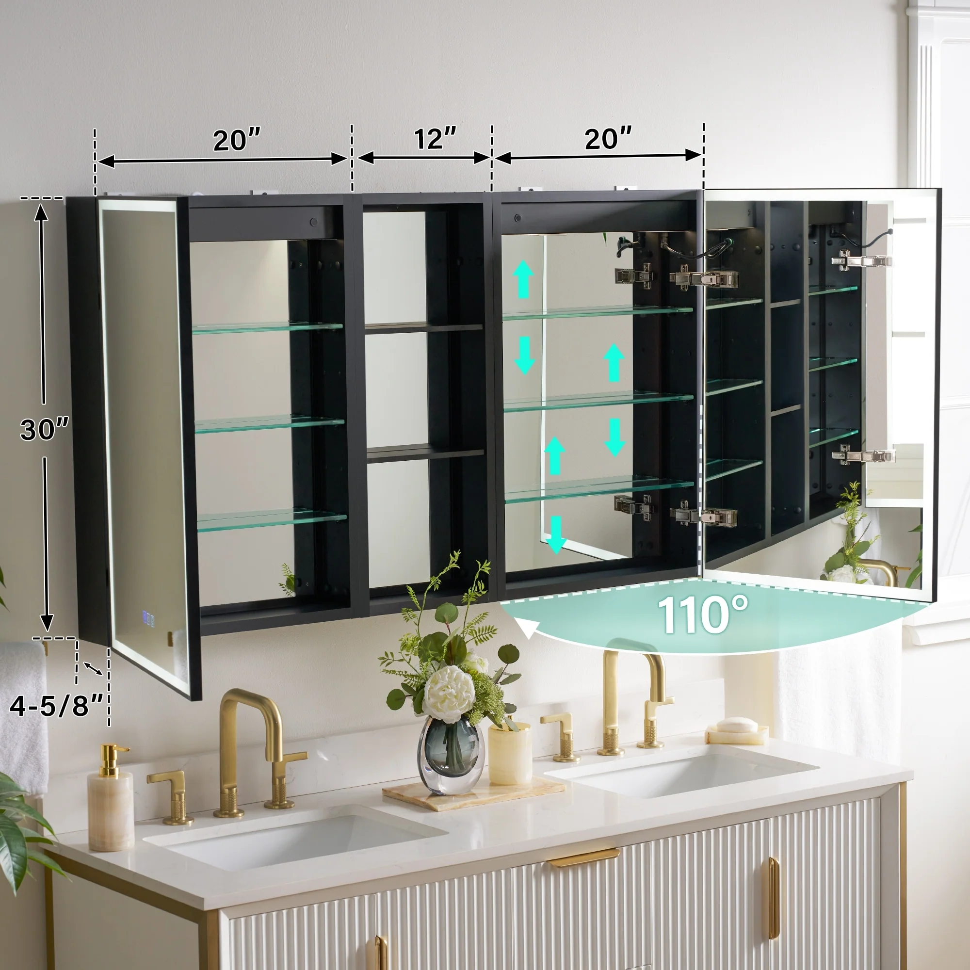 30 in. H Recessed or Surface Wall Mounted LED Mirror Cabinet With Black Side Cabinet