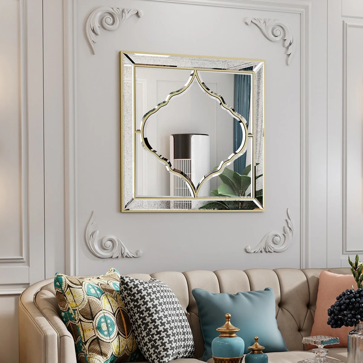 Square Wall Silver Glass Decorative Accent Mirror Golden Rim
