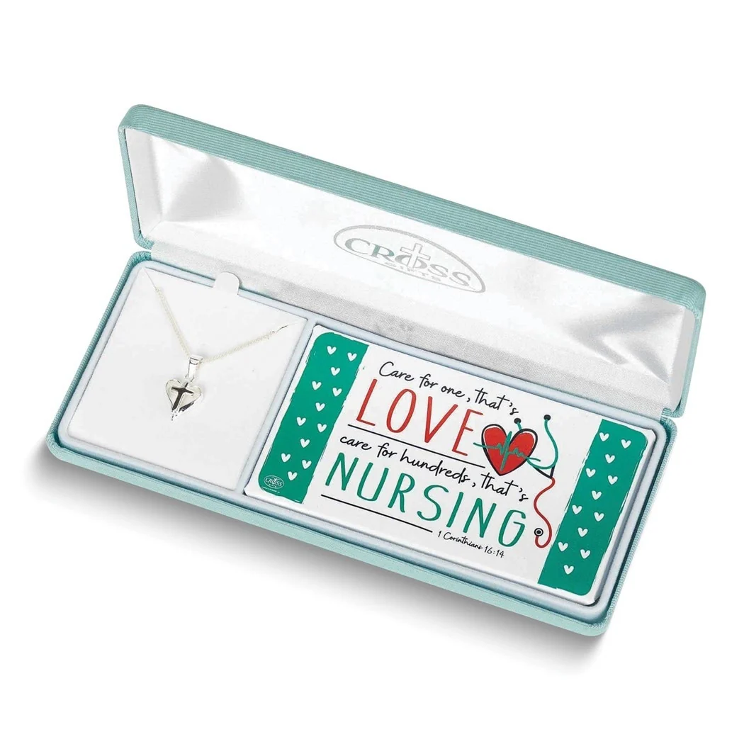 Curata Silver-Plated Nursing Heart Cross Gift Boxed 18 In. Necklace