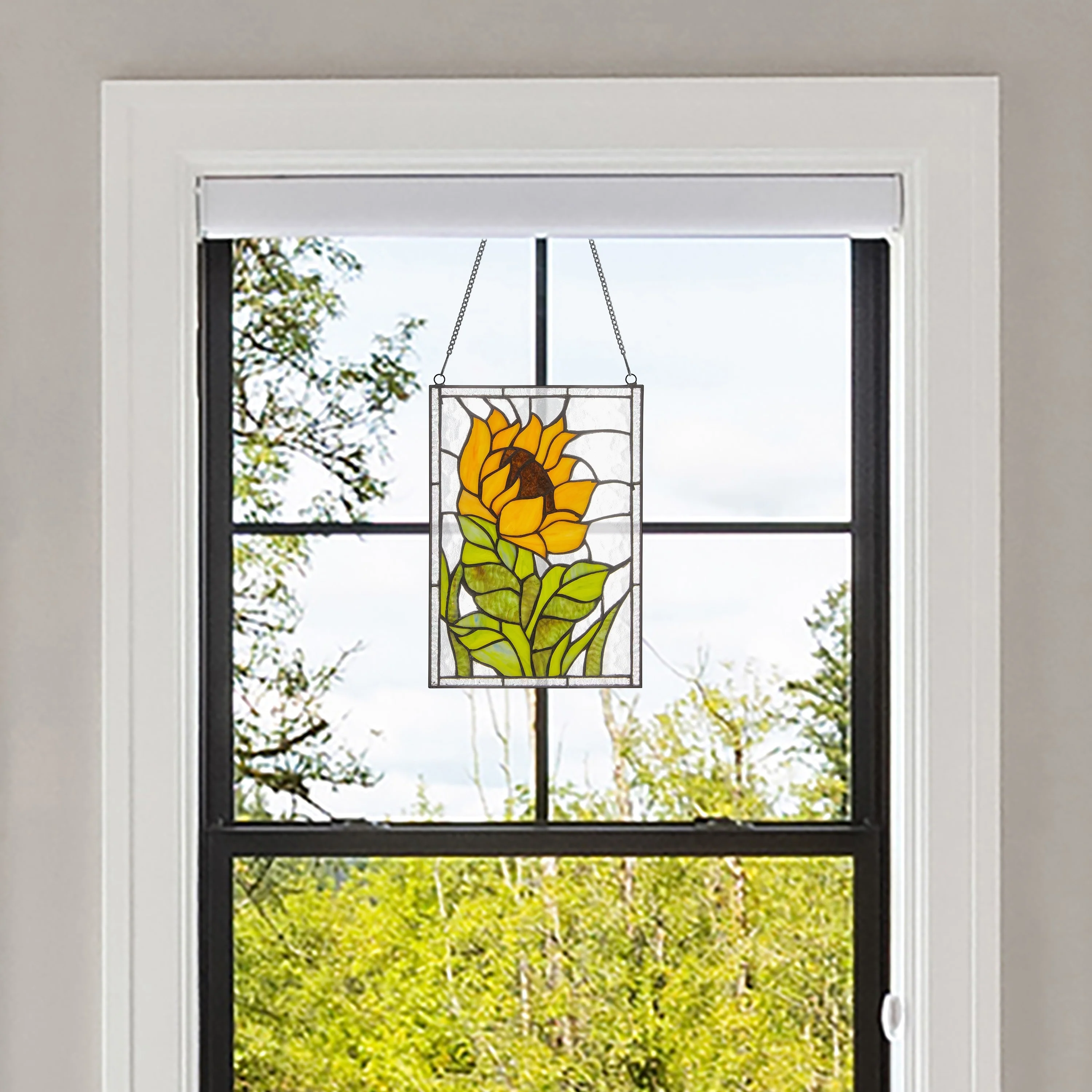 Single Sunflower River of Goods Stained Glass Vertical Window Panel