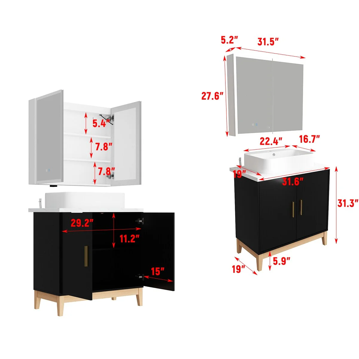 Complete Bathroom Vanity and LED Medicine Cabinet Ensemble