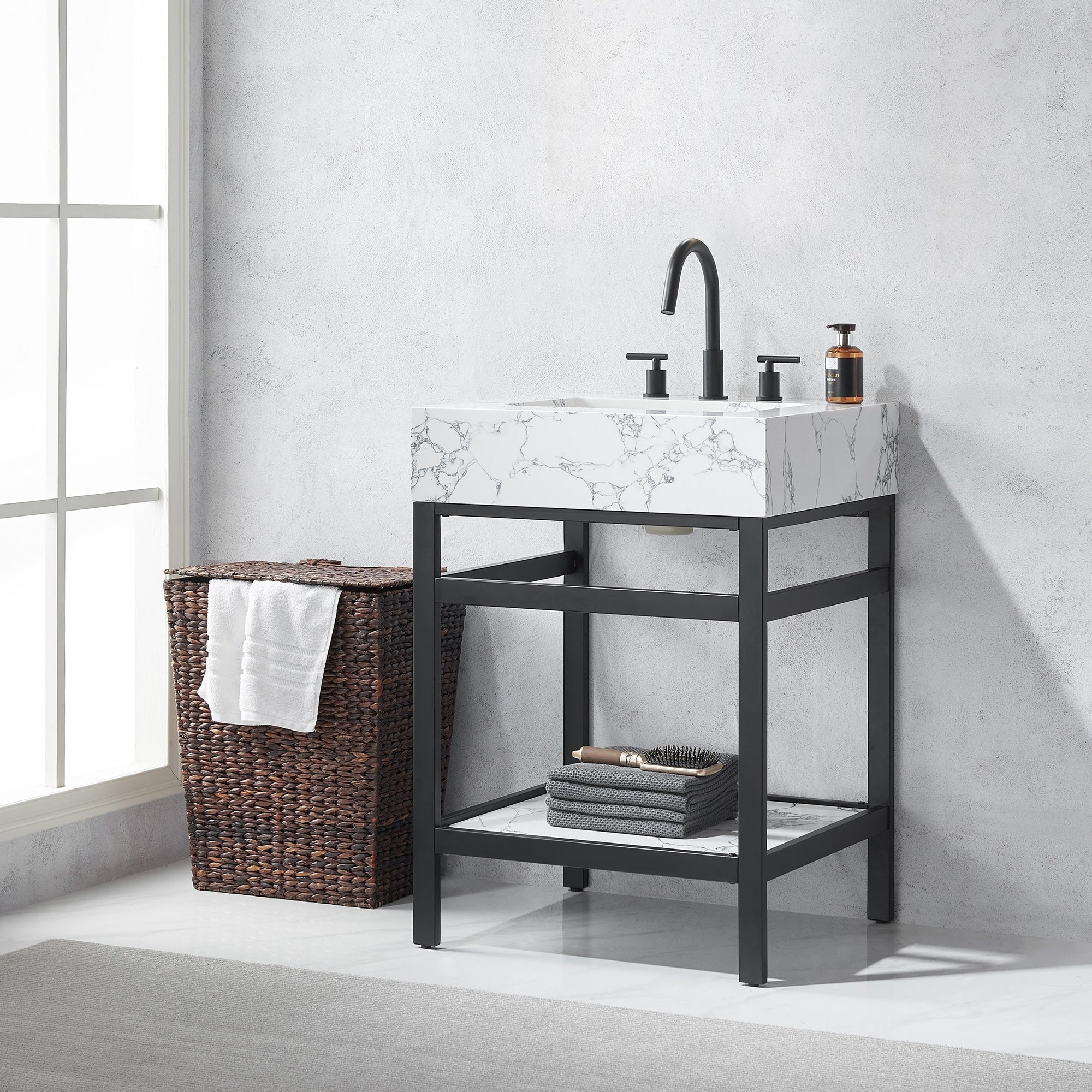 Ecija Bath Vanity, Metal Support with Composite Stone Top, no Mirror