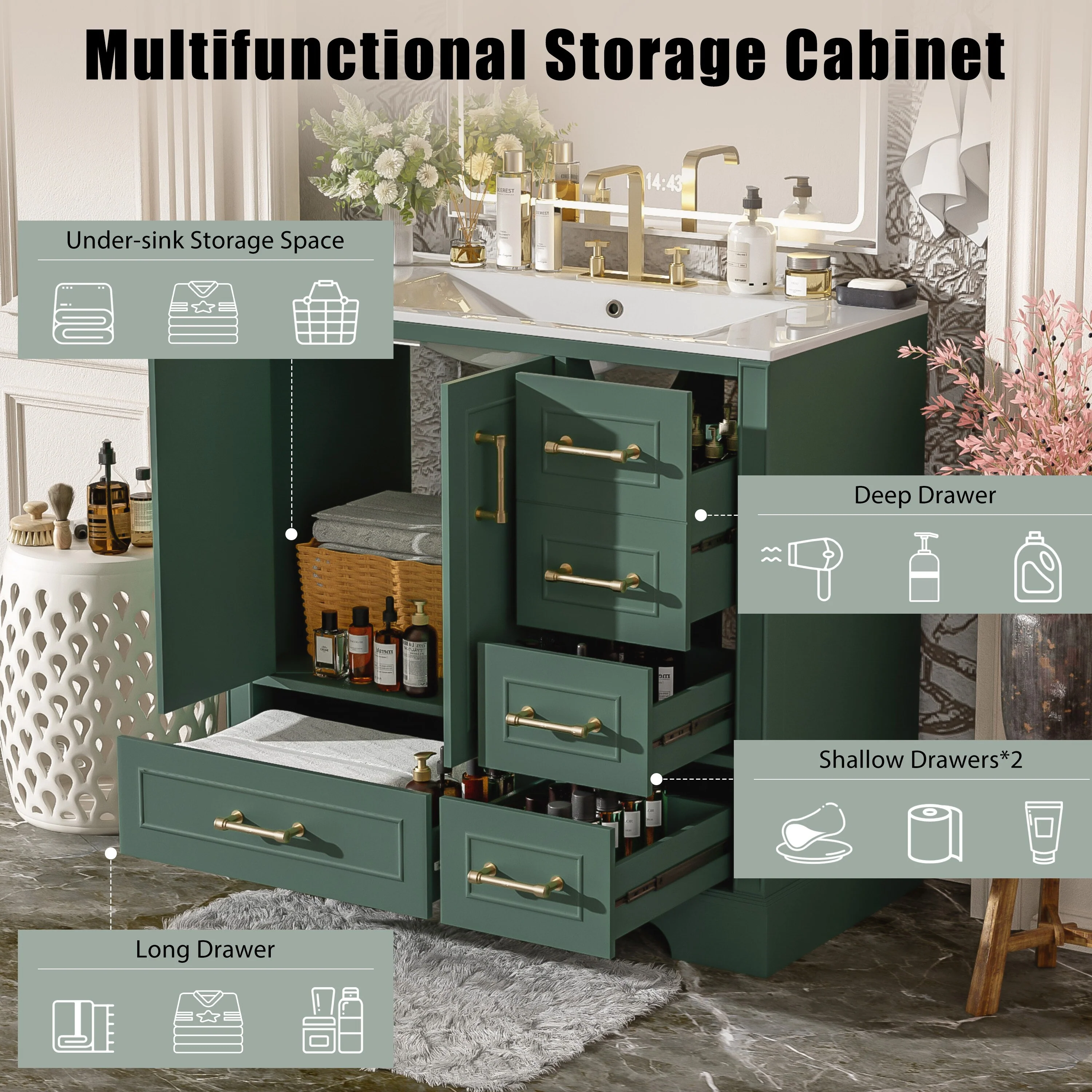 Bathroom Vanity with Resin Sink, Bathroom Vanity Set with 4 Drawers, Bathroom Storage Cabinet with 2 Soft Close Doors