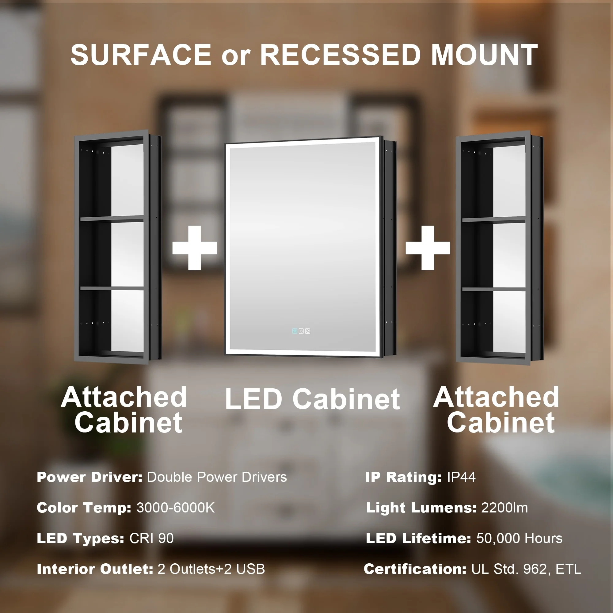30 in. H Recessed or Surface Wall Mounted LED Mirror Cabinet With Black Side Cabinet