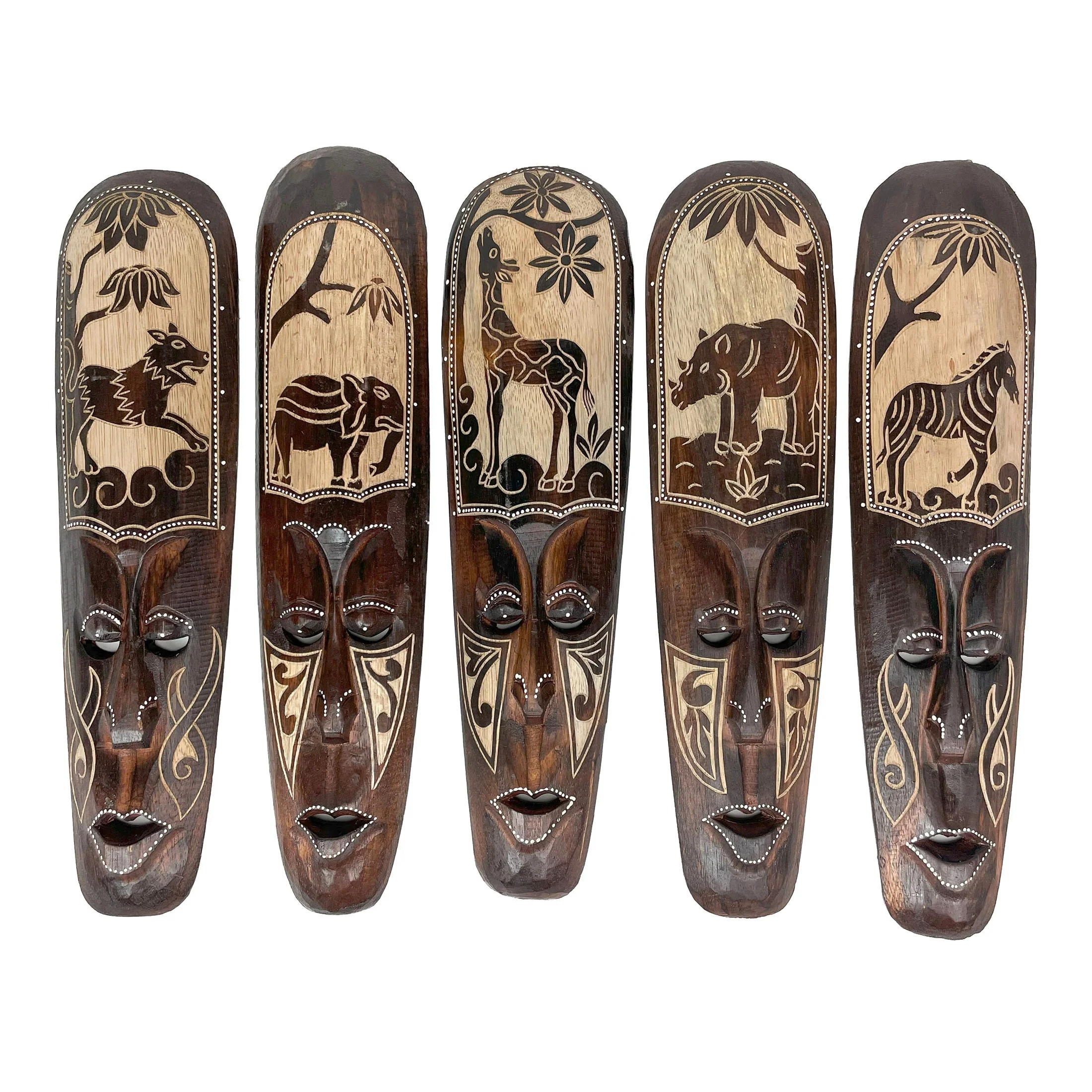 Zeckos 20In African Animal Hand Carved Wood Wall Masks (Set Of 5)