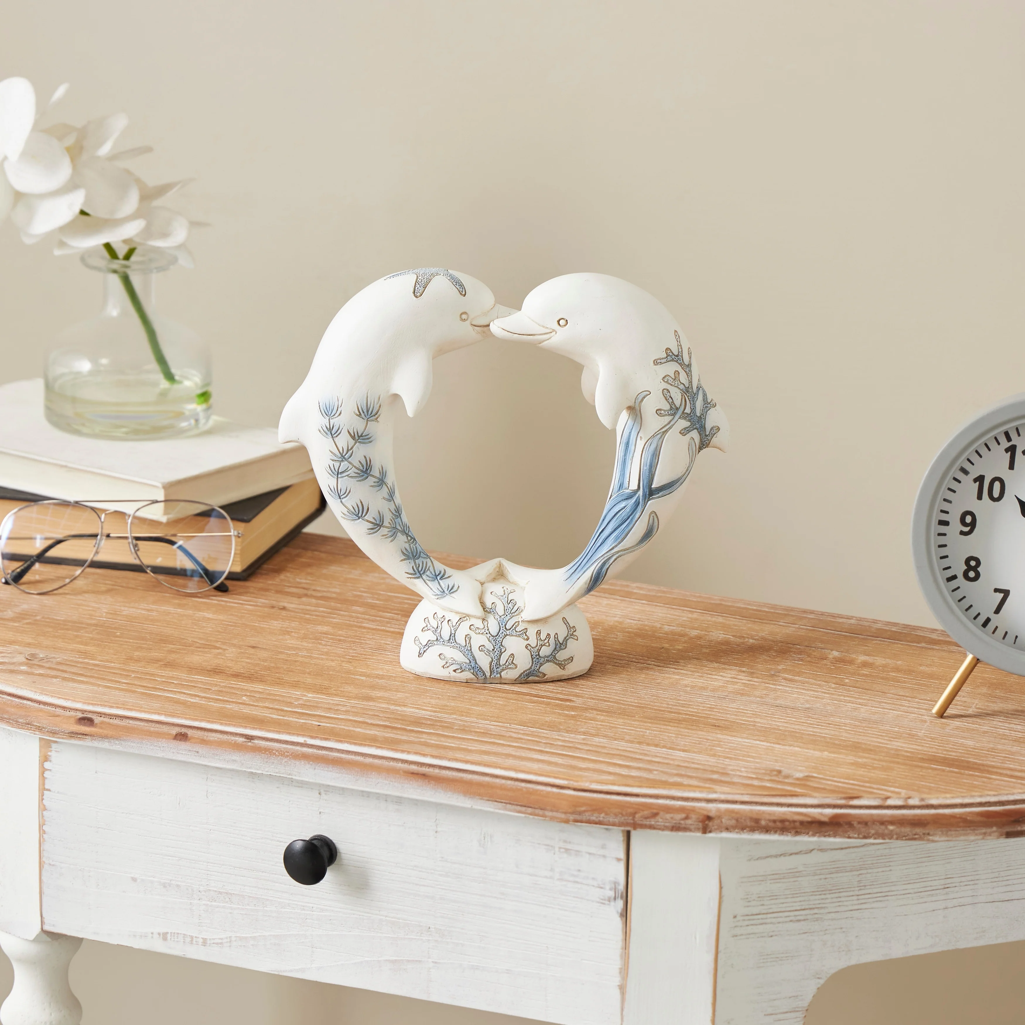 White Polystone Heart Shaped Dolphin Decorative Sculpture with Blue Coral Patterns