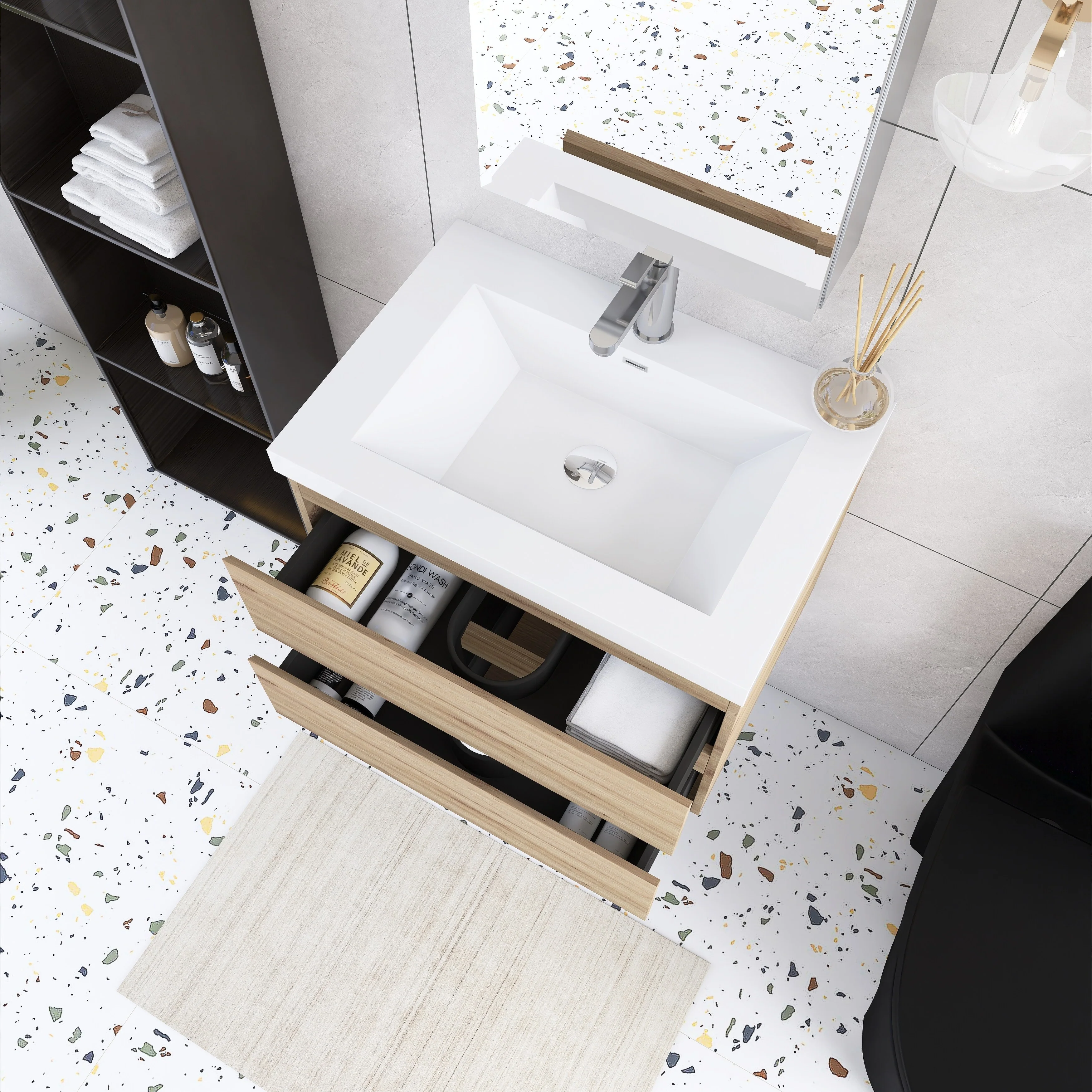 Angela Wall Mounted Bathroom Vanity in F. Oak with White Cultured Marble Top