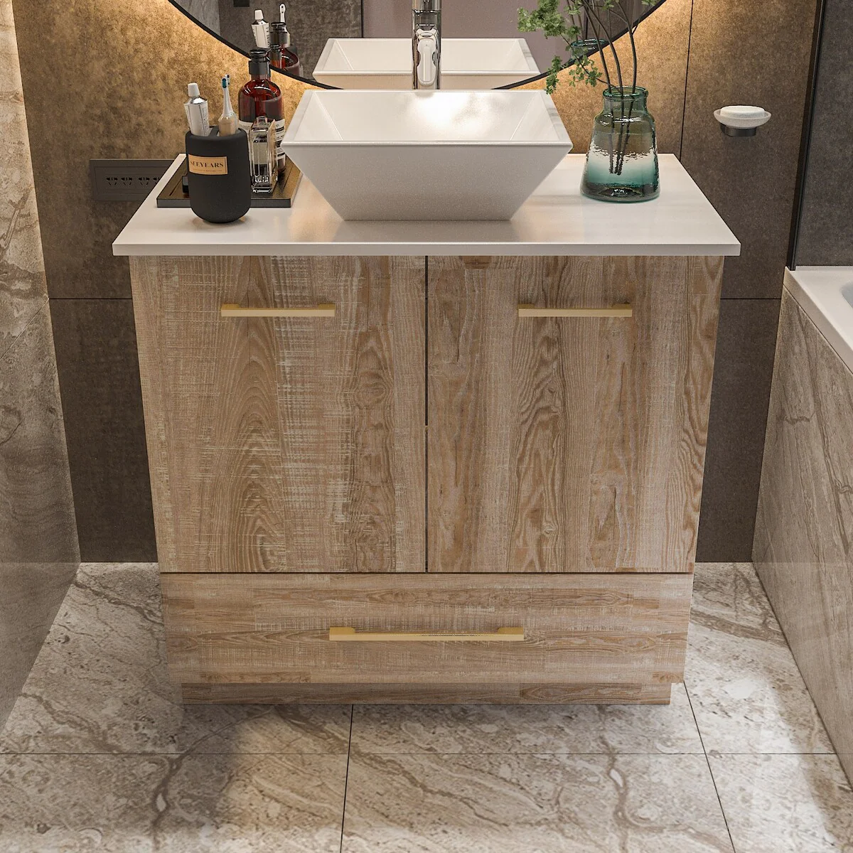 Bathroom Vanity with Ceramic Basin and Modern Medicine Cabinet Combo
