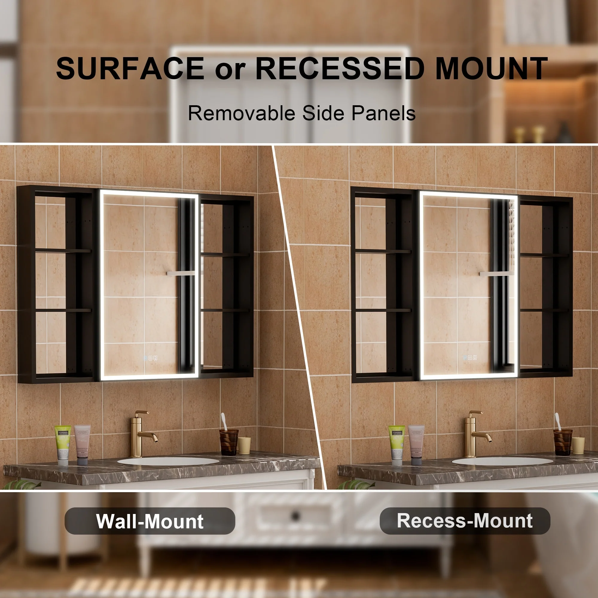 30 in. H Recessed or Surface Wall Mounted LED Mirror Cabinet With Black Side Cabinet