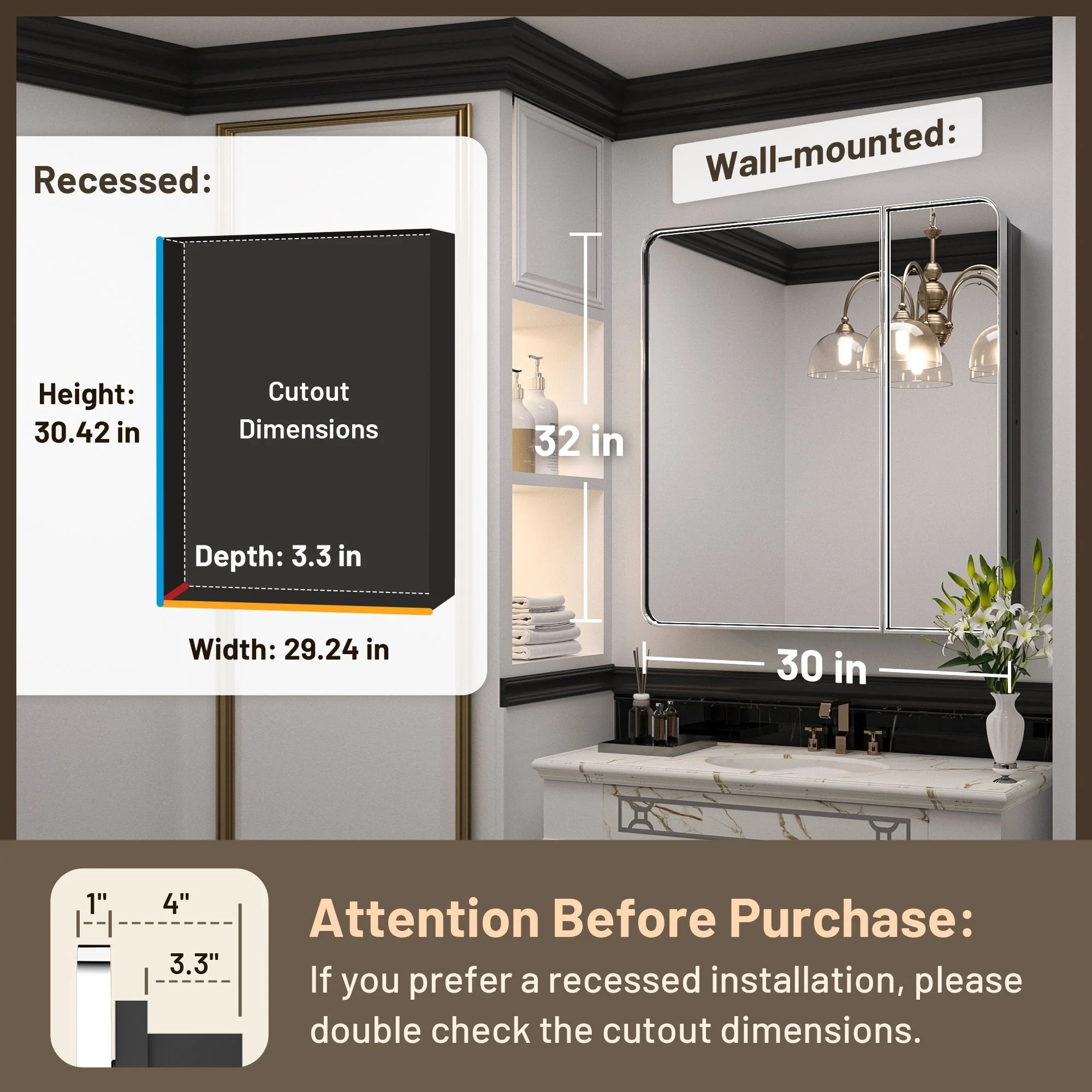 KEONJINN Medicine Cabinets for Bathroom with Mirror, Stainless Steel 1-3 Framed Doors