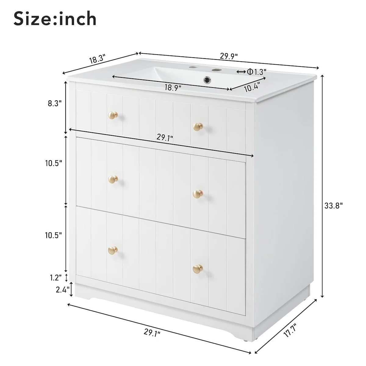 30-Inch Modern White Bathroom Vanity Cabinet with two drawers