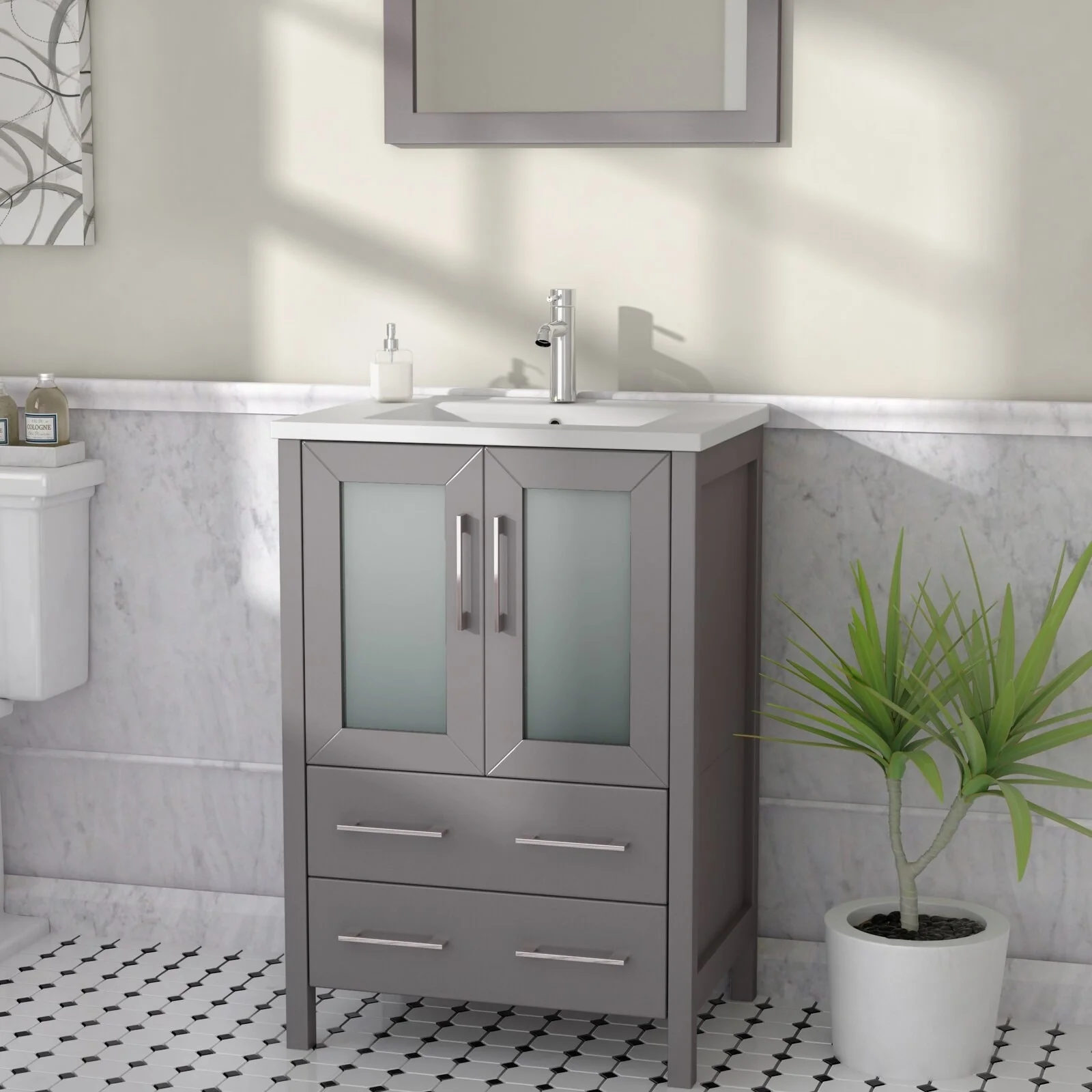Vanity Art 24-Inch Single Sink Bathroom Vanity Set 2 Drawers, 1 Cabinet, 1 Shelf, Soft-Closing Doors with Free Mirror