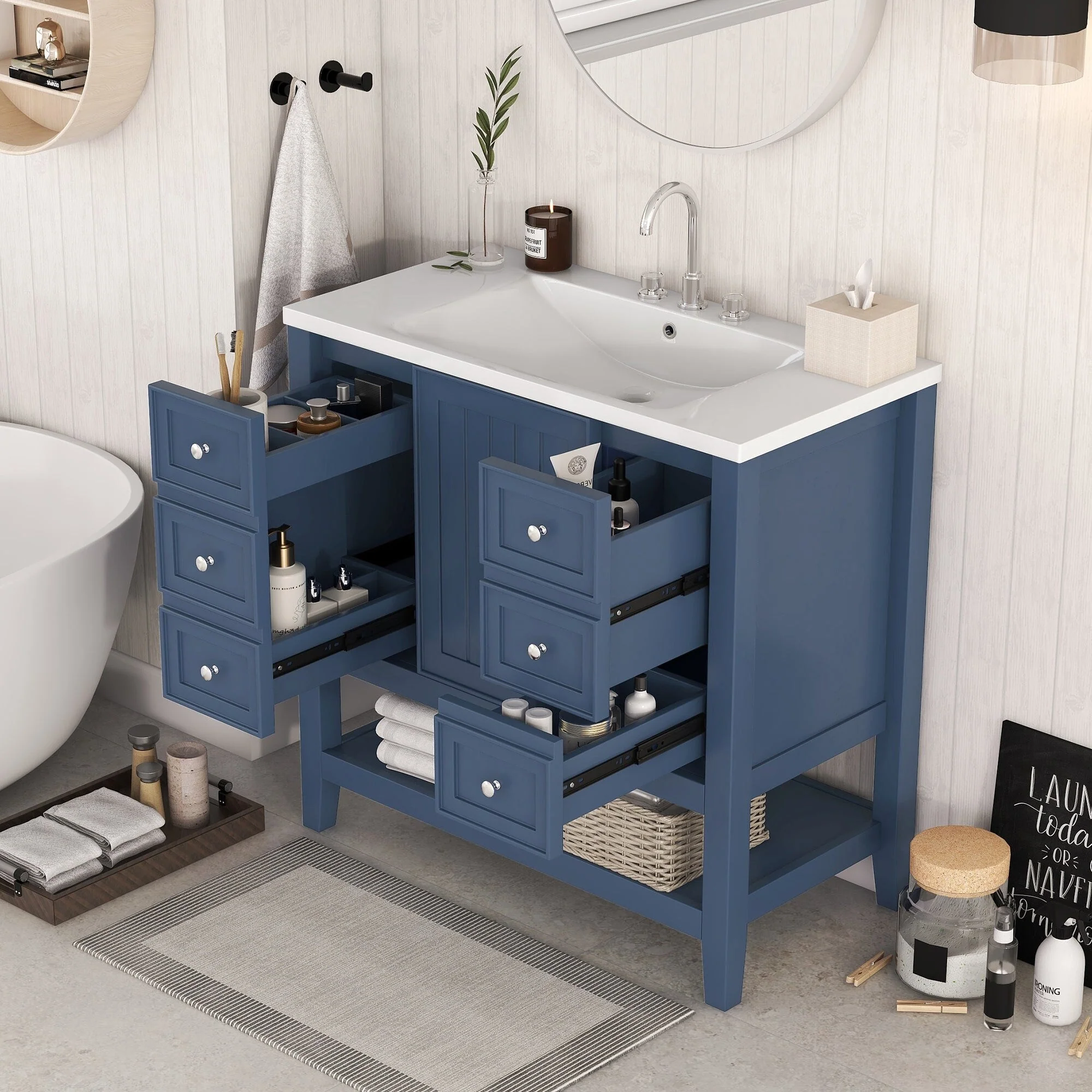 36 Inch Freestanding Bathroom Vanity Set with Drawers and Ceramic Sink