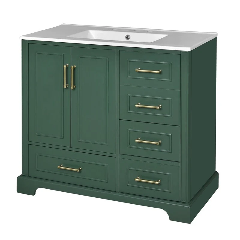 36-Inch Classic Bath Vanity Set – Ceramic Vessel Sink, Blue Two-Door Cabinet with Soft-Close Hinges & Four Storage Drawers