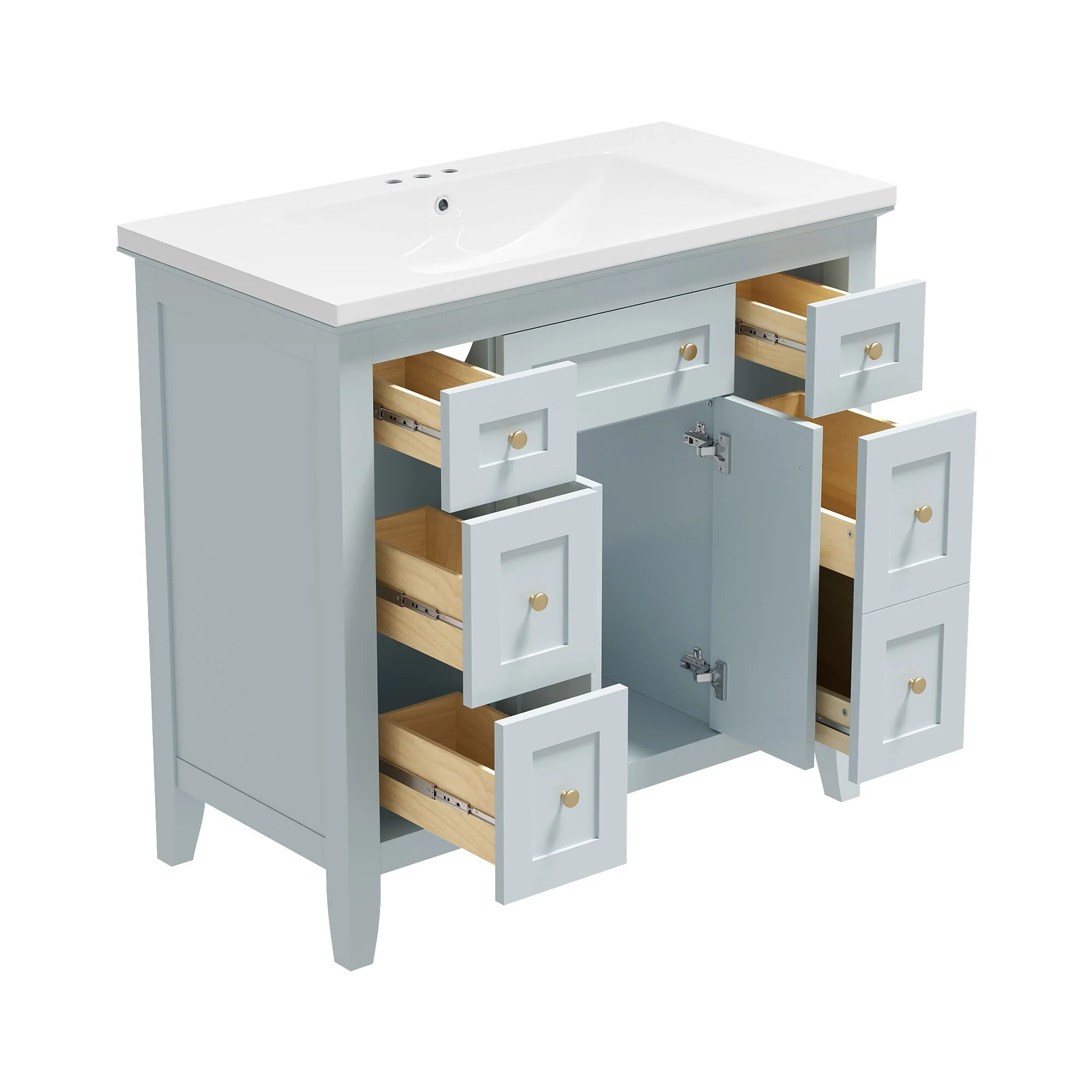 Modern Freestanding Single Bathroom Cabinet with 6 Drawers 2 Cabinets