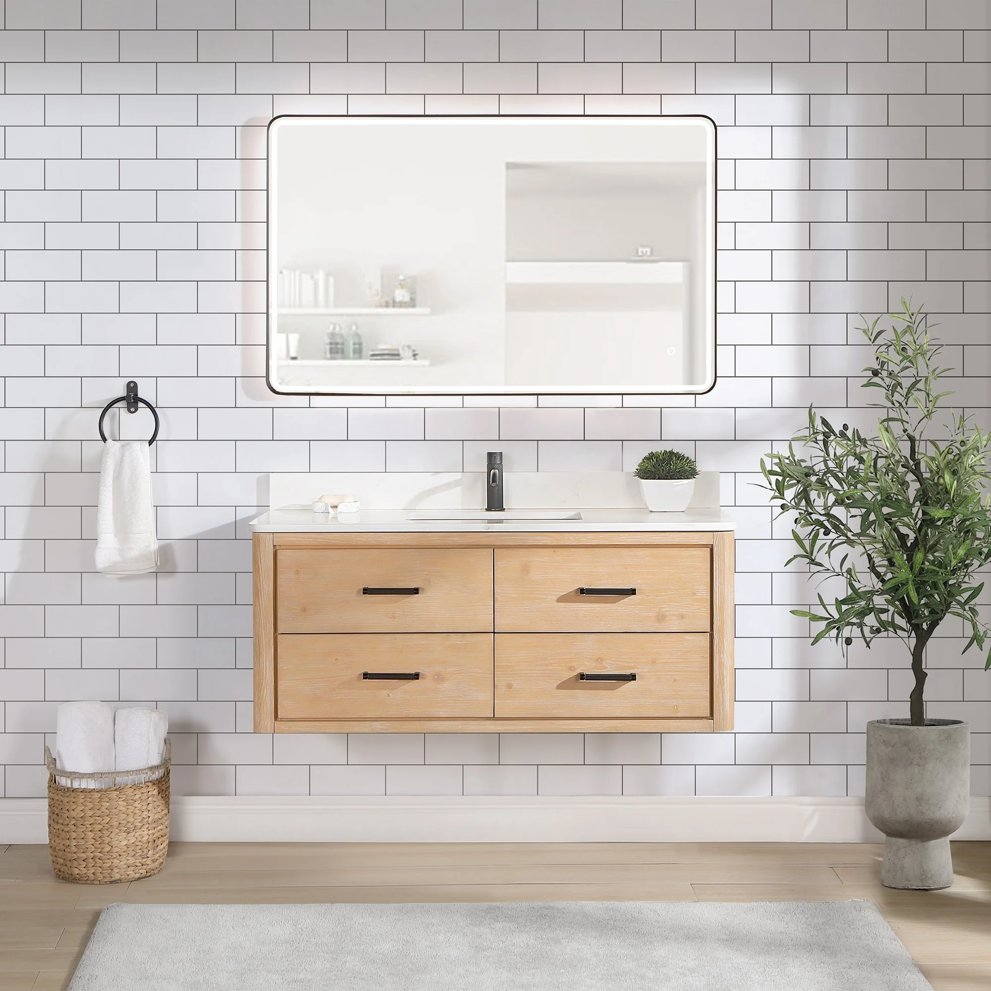 Cristo Floating Bath Vanity with White Quartz Stone Top and Mirror