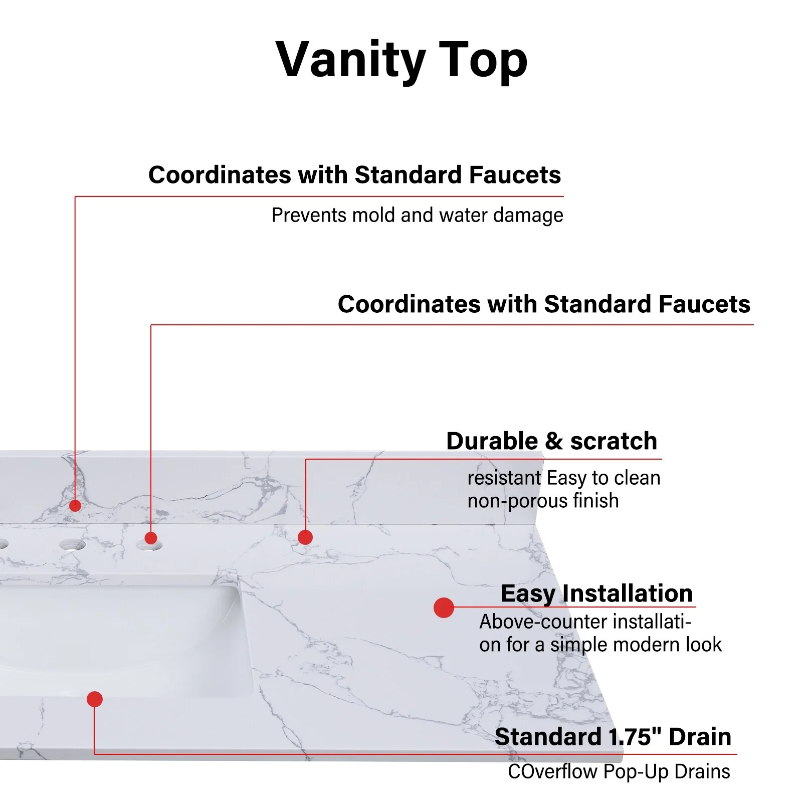 Enchantlace 73 Inch Engineered Marble Vanity Top with Double Sink