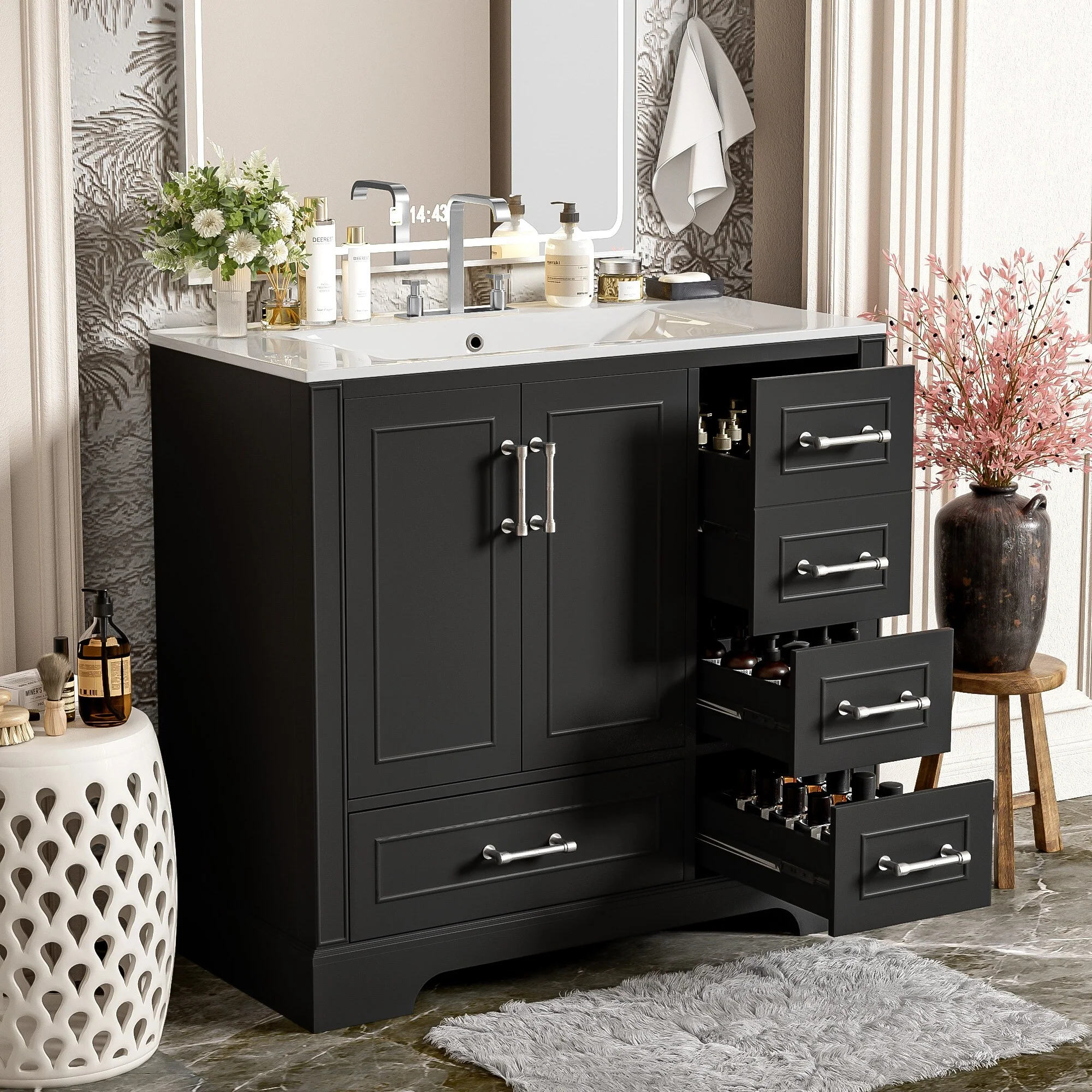 Bathroom Vanity with Resin Sink, Bathroom Vanity Set with 4 Drawers, Bathroom Storage Cabinet with 2 Soft Close Doors