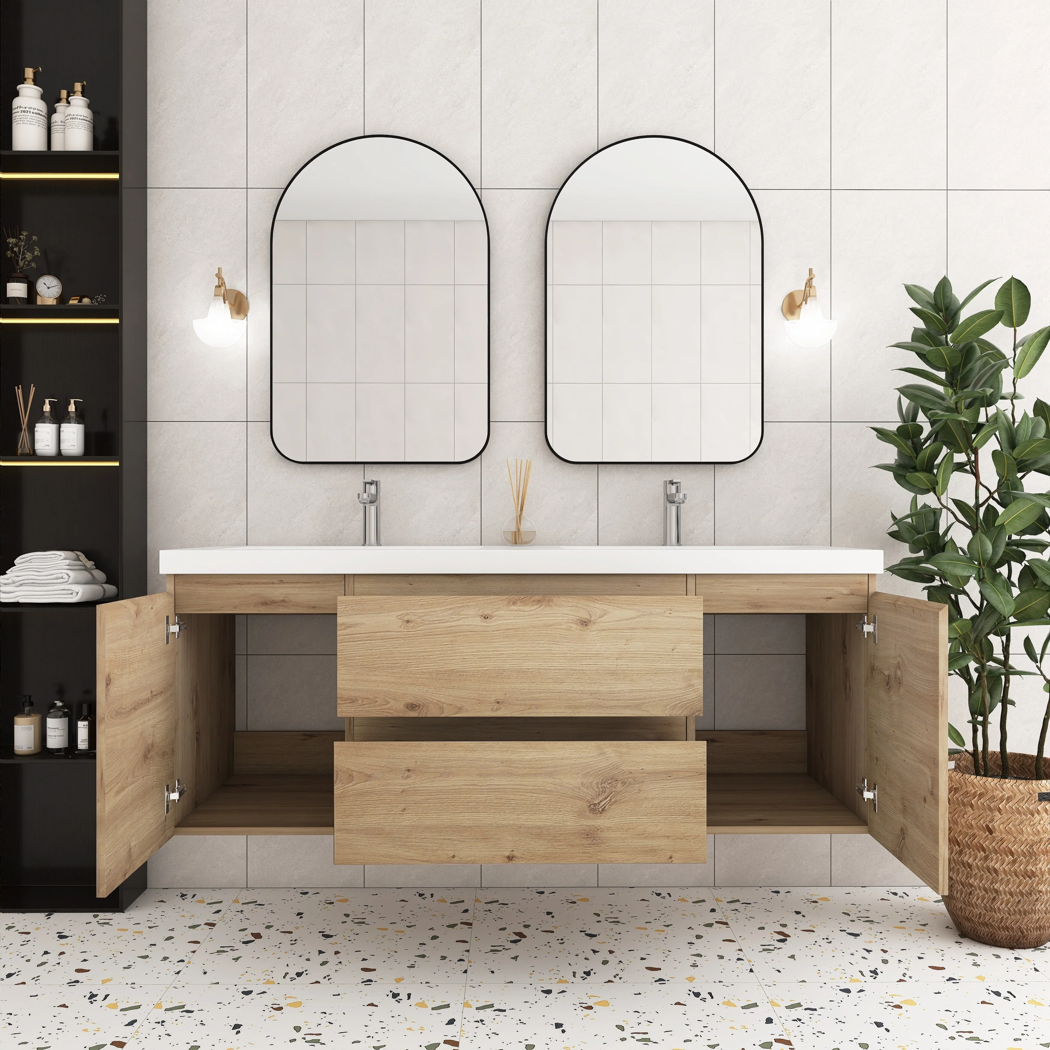 Angela Wall Mounted Bathroom Vanity in F. Oak with White Cultured Marble Top