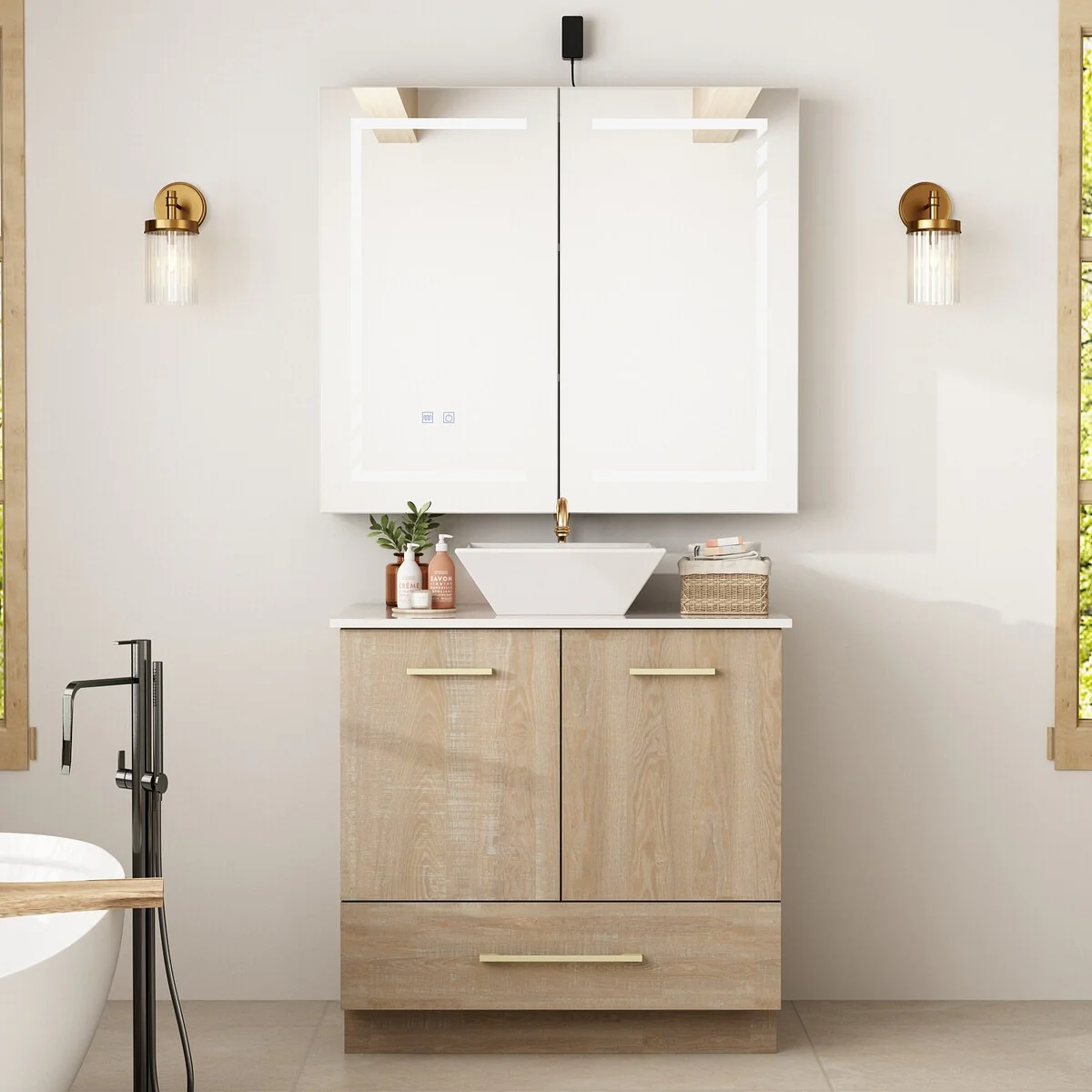 Bathroom Vanity with Ceramic Basin and Modern Medicine Cabinet Combo