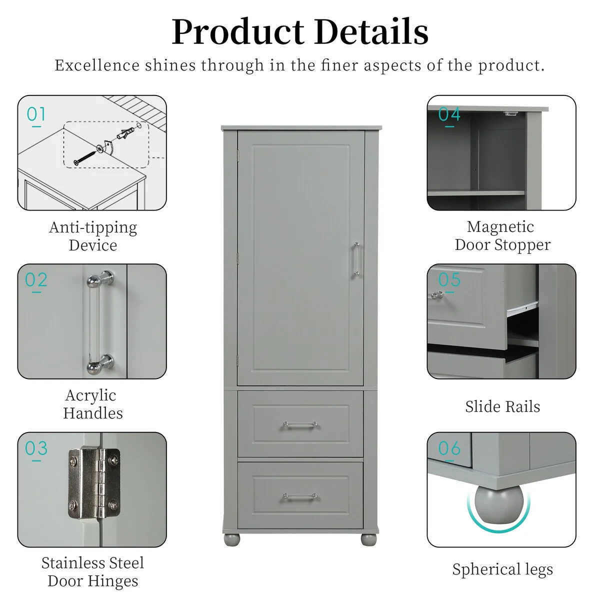 Freestanding Tall Bathroom Storage Cabinet with Door, 2 Drawers and Adjustable Shelf
