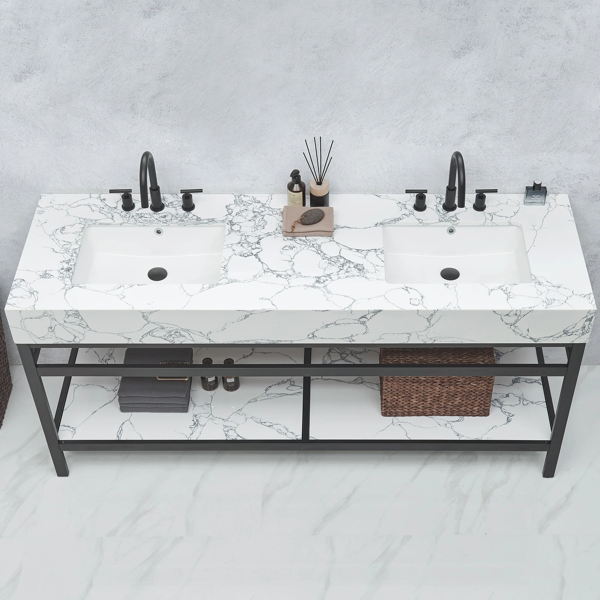 Ecija Bath Vanity, Metal Support with Composite Stone Top, no Mirror