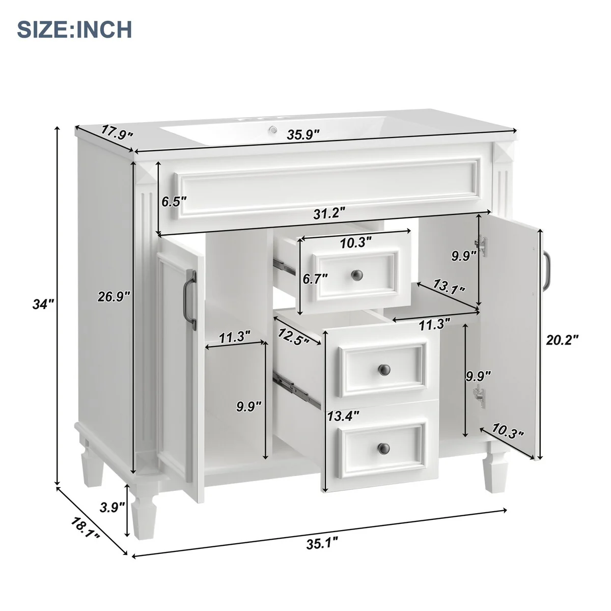 36 in. W x 18 in. D x 34 in. H Freestanding Bath Vanity with White Resin Top and Mirror Cabinet